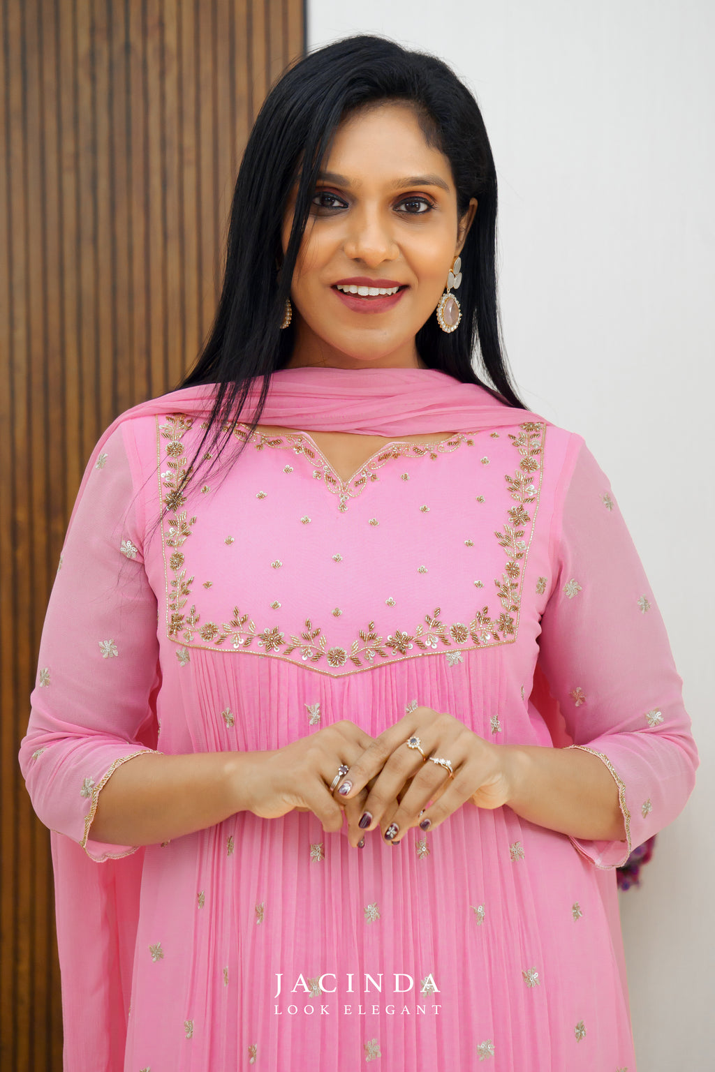 Pink Golden Embroidery Georgette set for Women