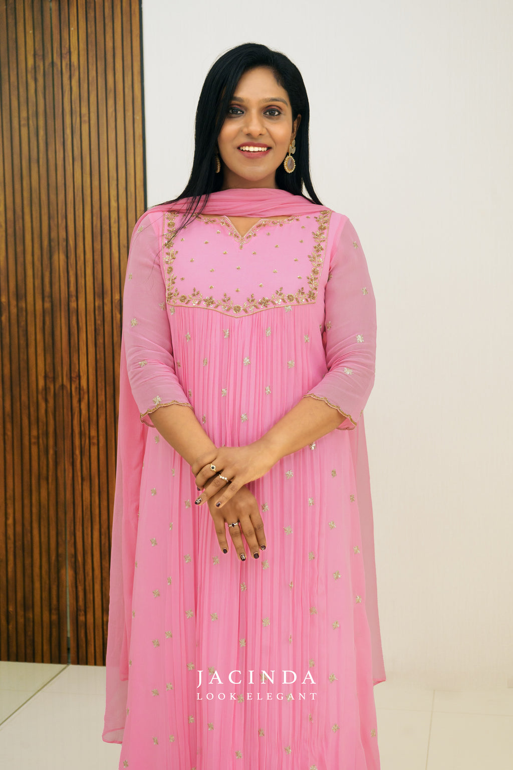 Pink Golden Embroidery Georgette set for Women