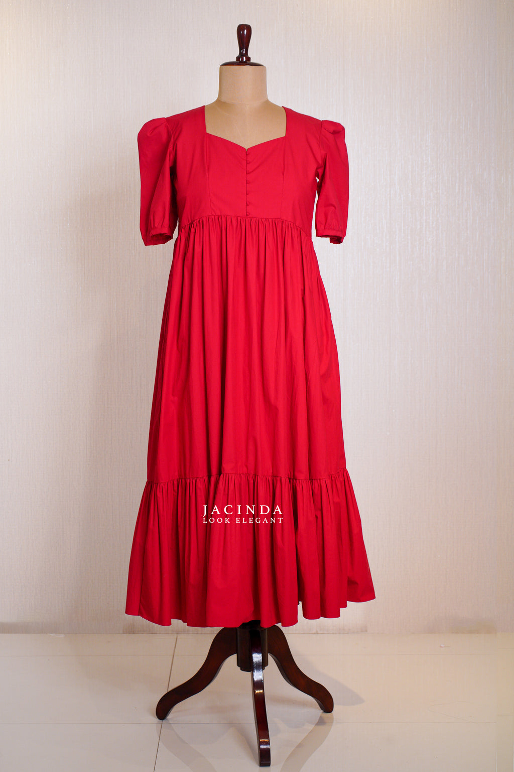 Red Poplin tier Dress for Women