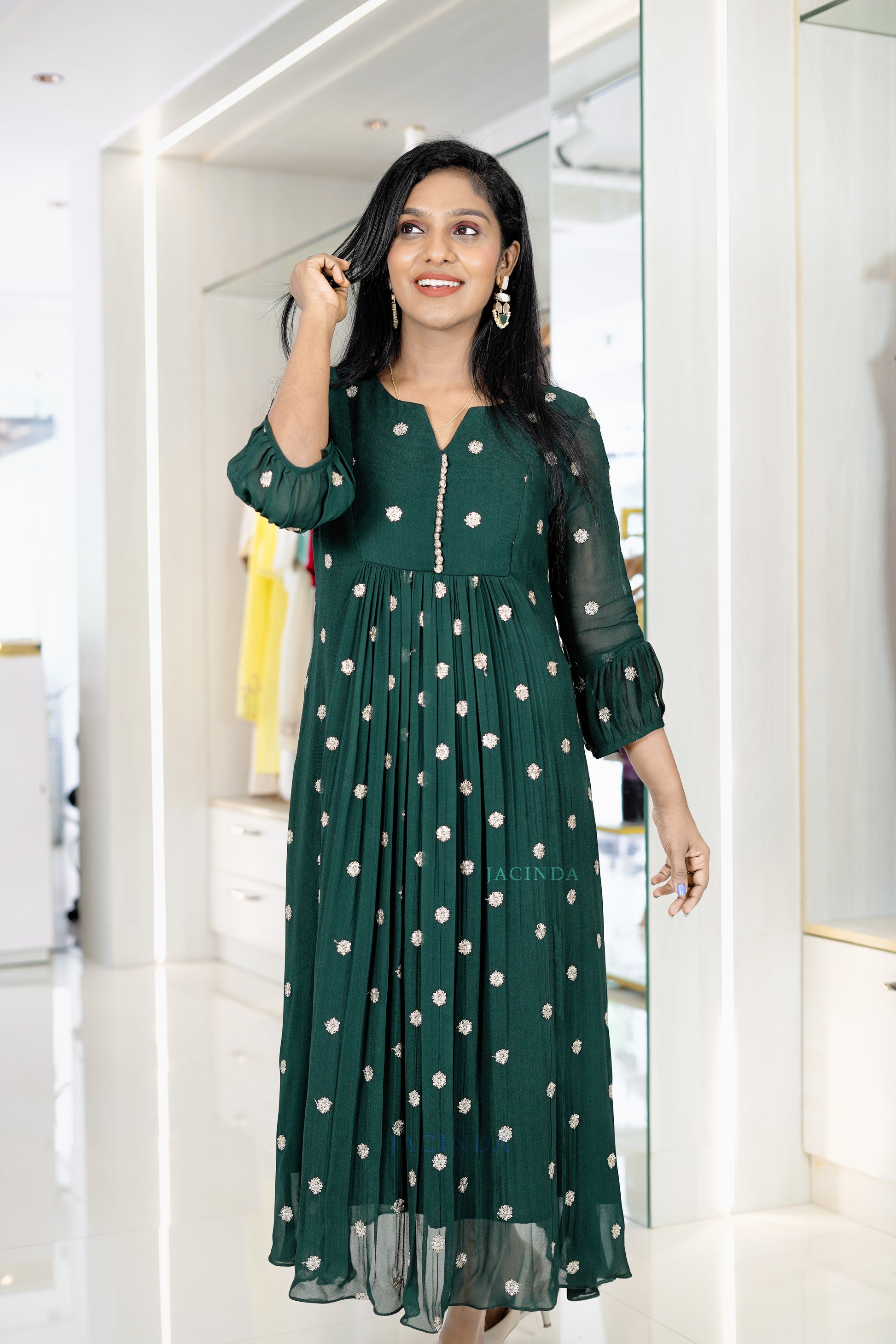 Jacinda Dark Green Party Wear Aline Dress Jacinda Dark Green Party Wear Aline Dress