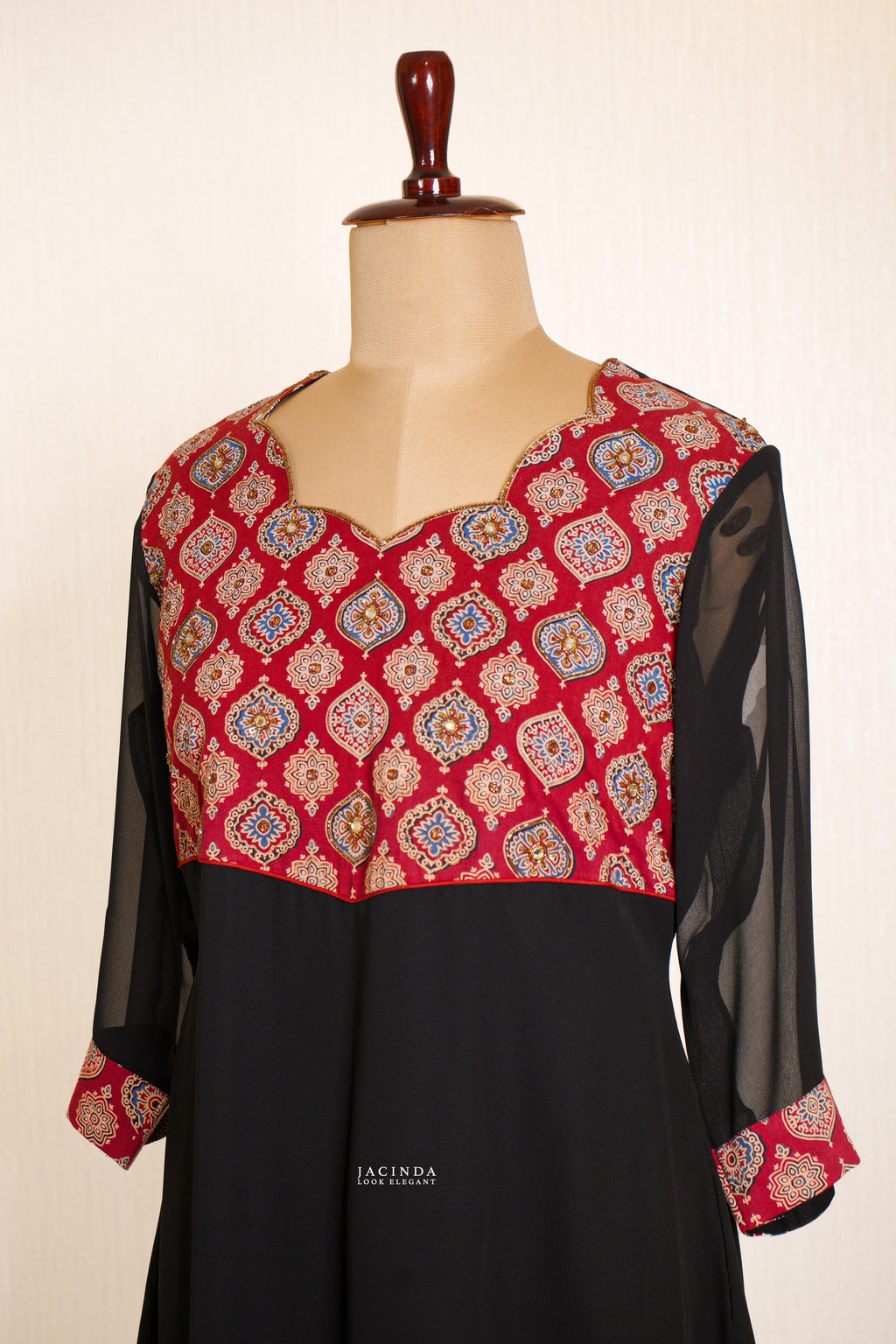 Jacinda Ajrak Hand crafted Embroidery Dress for Women with Elegant Pattern and Black Fabric