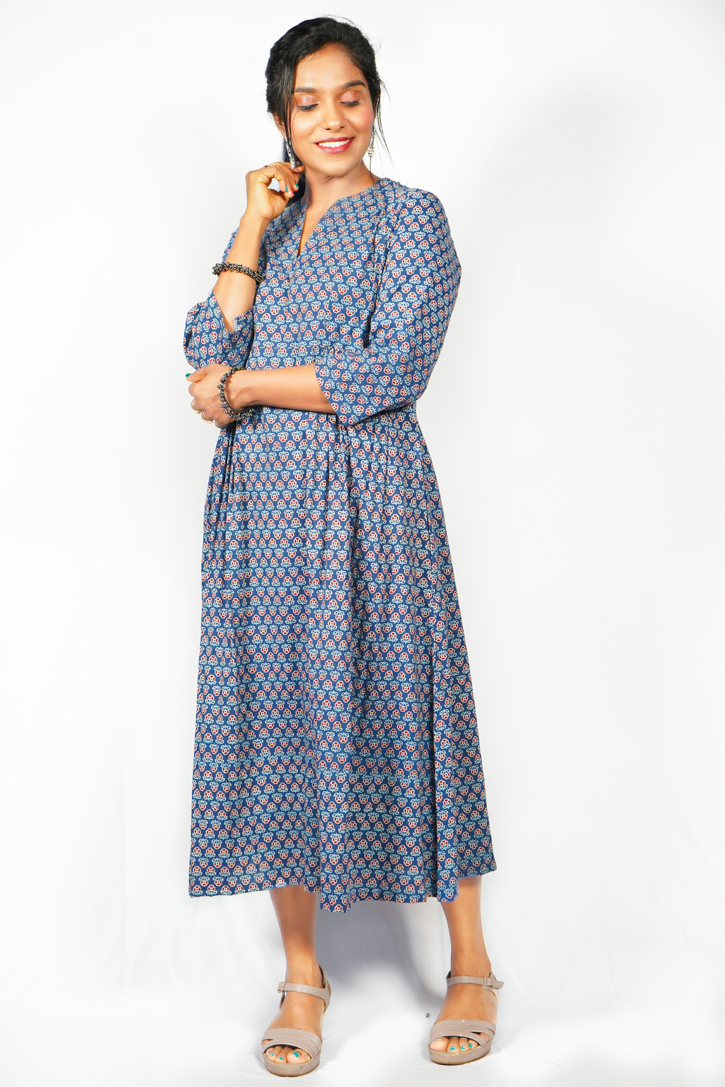 Ajrakh indigo A-line dress for women with three-quarter sleeves and a flattering silhouette