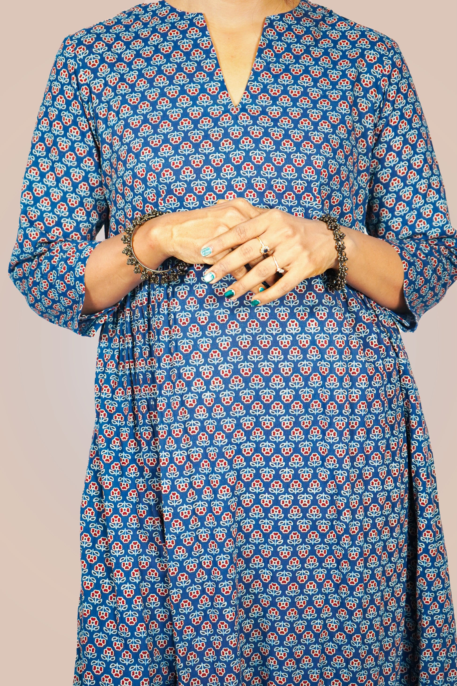 Ajrakh indigo A-line dress for women featuring intricate patterns and a stylish neckline