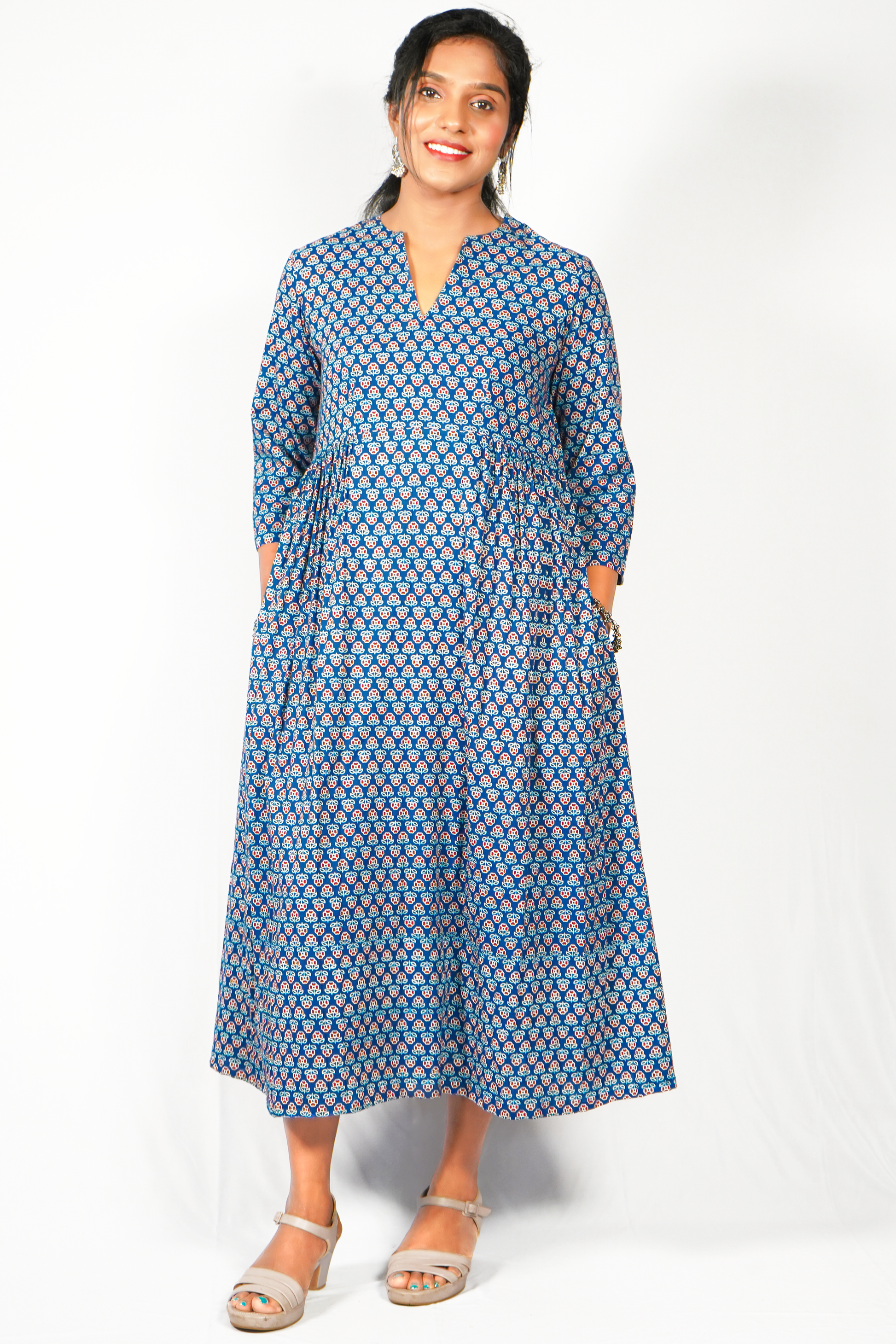 Ajrakh indigo A-line dress for women by Jacinda featuring a vibrant pattern and pockets