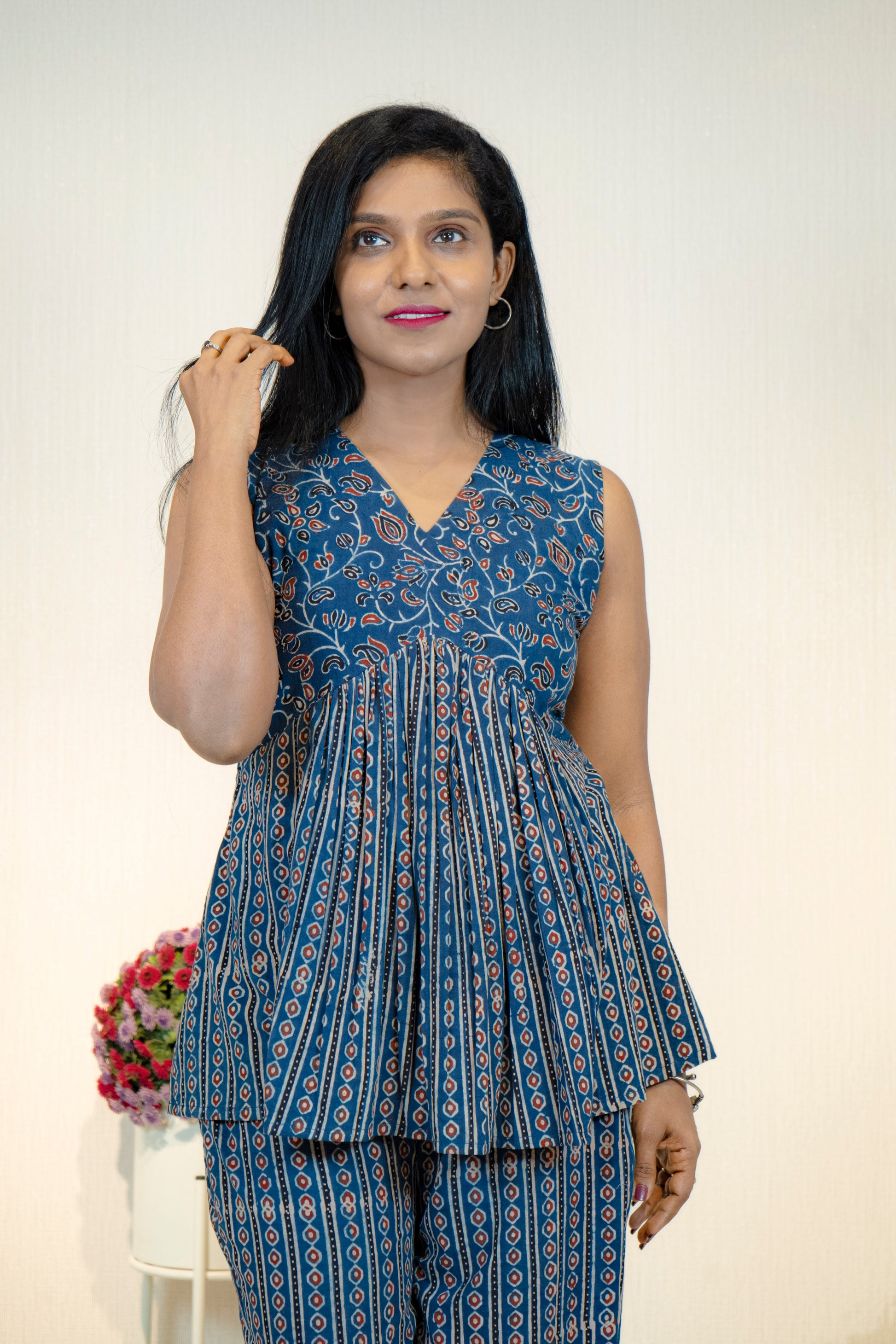 Stylish Ajrakh print coord set for women featuring a pleated top and matching pants