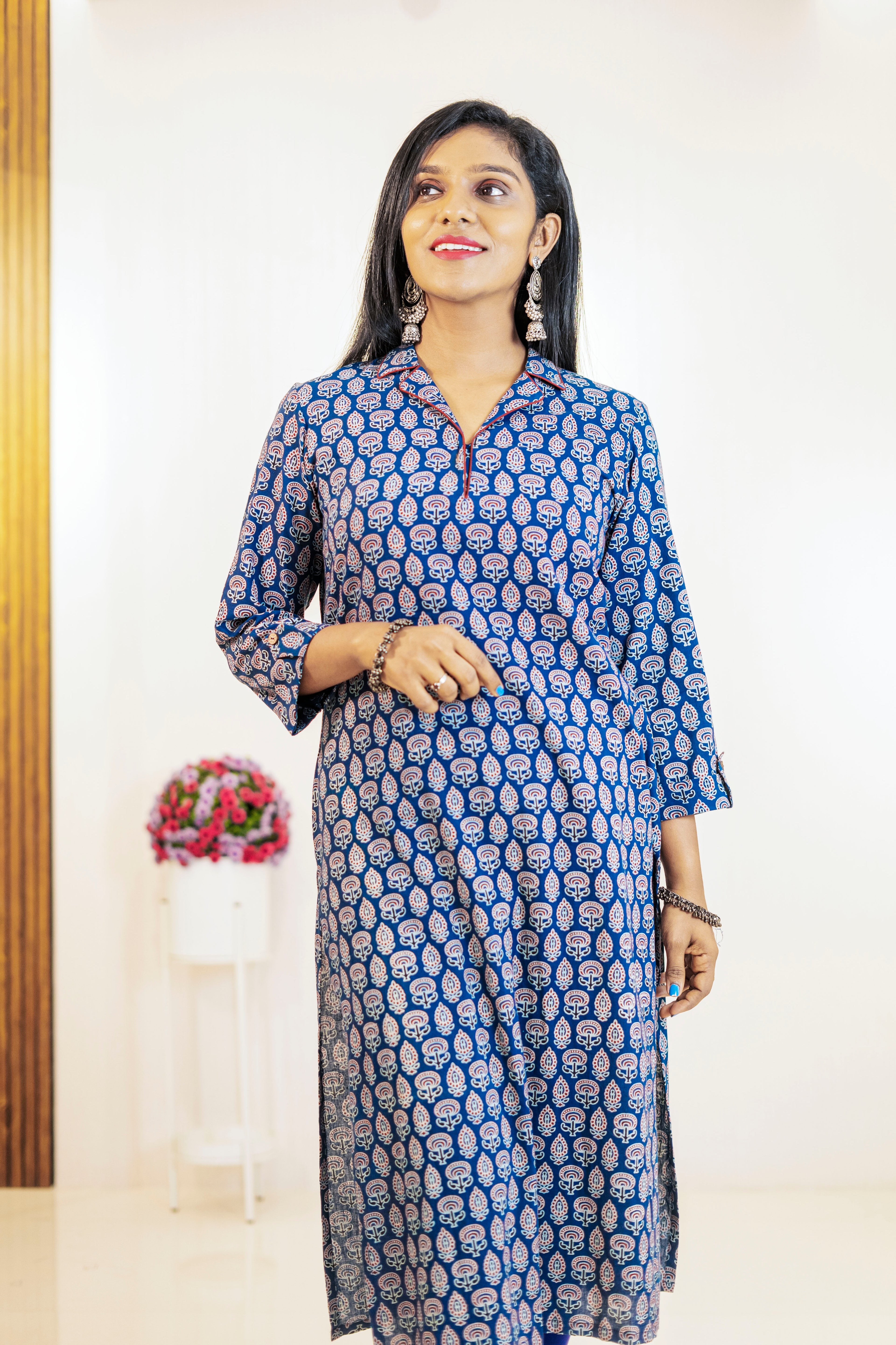 Jacinda Ajrakh print ethnic indigo slitted kurti featuring a stylish design and comfortable fit