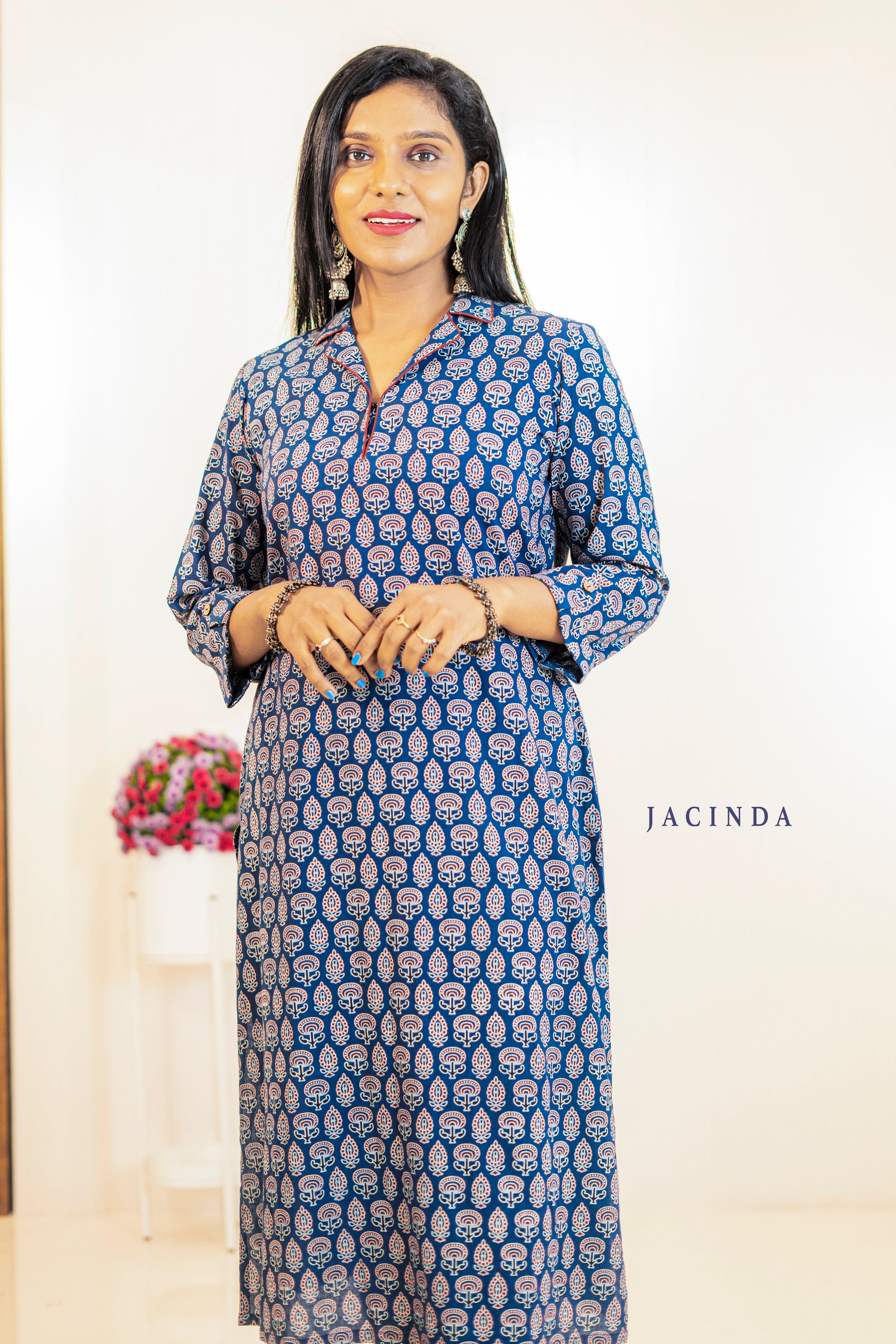 Jacinda Ajrakh print ethnic indigo slitted kurti with a stylish neck design and comfortable fit