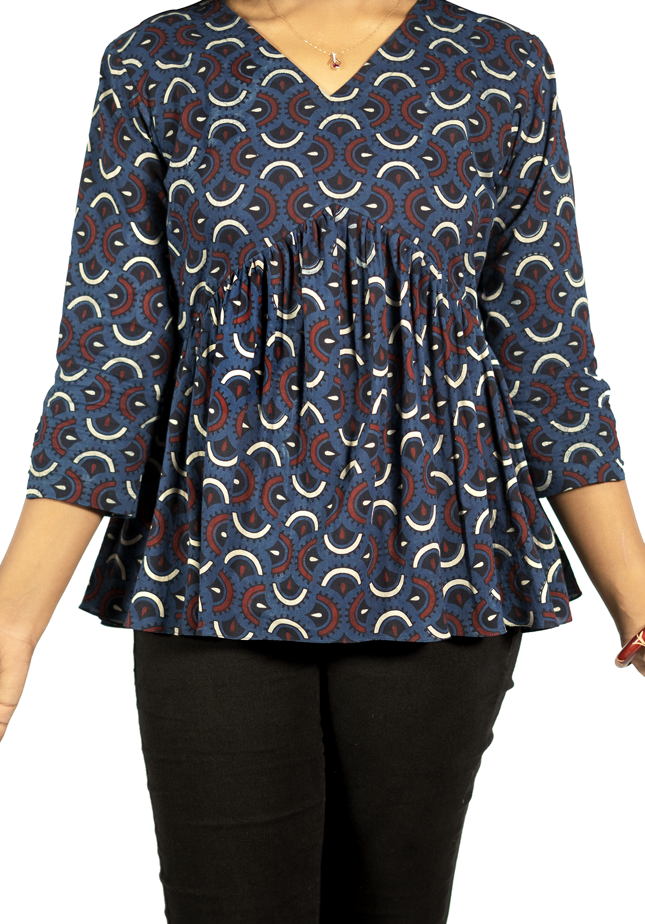 Jacinda Ajrakh Short Top For Women in blue with 3 quarter sleeves and abstract pattern