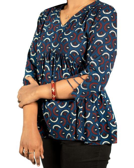 Jacinda Ajrakh Short Top For Women in navy blue with white and red patterns and 3/4 sleeves