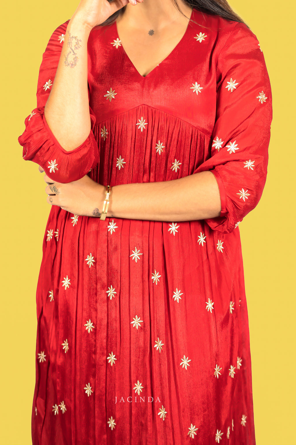 Aliya Cut Chinnon dress for women in red with embroidered stars and pleated design