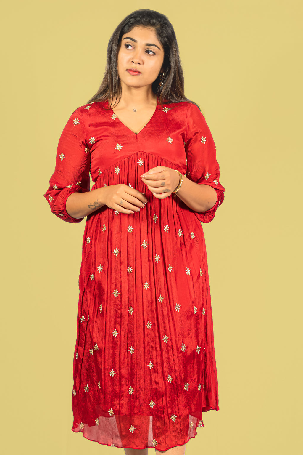 Jacinda Aliya Cut Chinnon dress for women in red with floral embellishments and a flowing A-line design