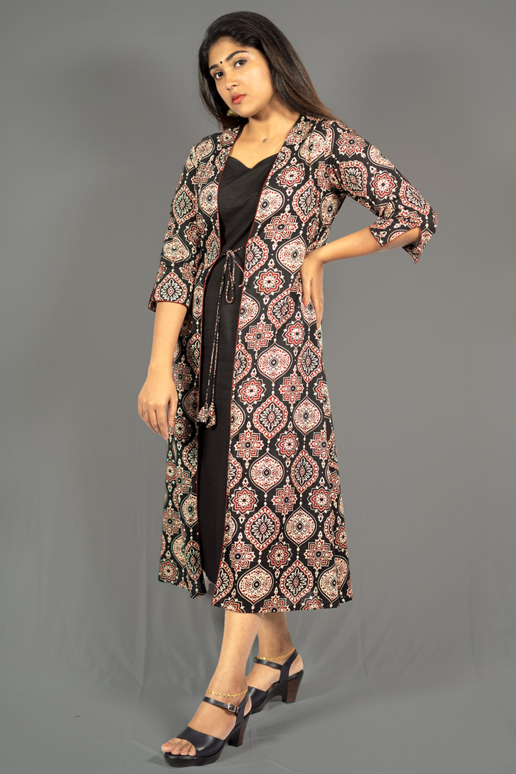 Black women's ethnic co-ord set featuring an A-Line dress with a stylish printed overlay