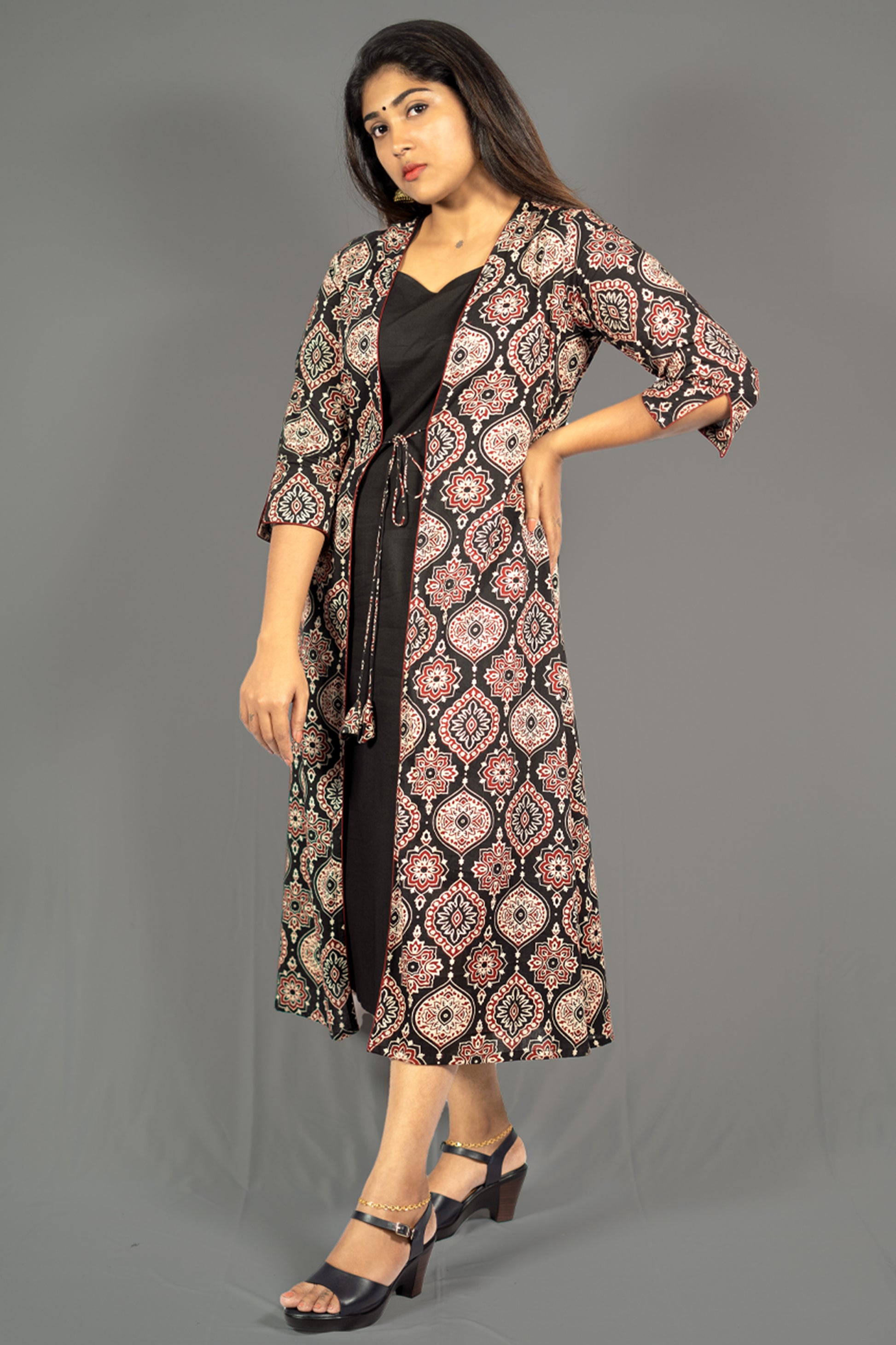 Black women's ethnic co-ord set featuring an A-Line dress with a stylish printed overlay