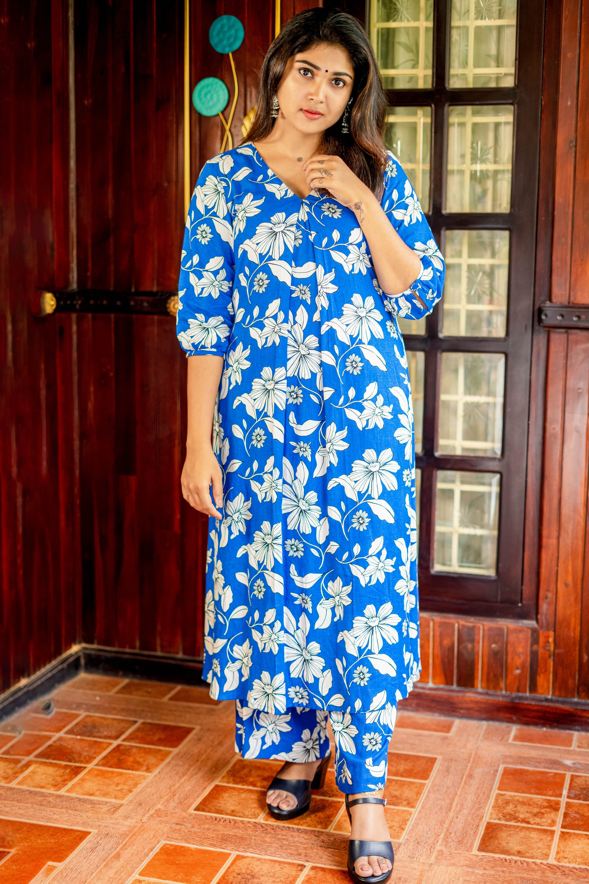 Blue cotton linen coord set for women featuring floral patterns and a comfortable design