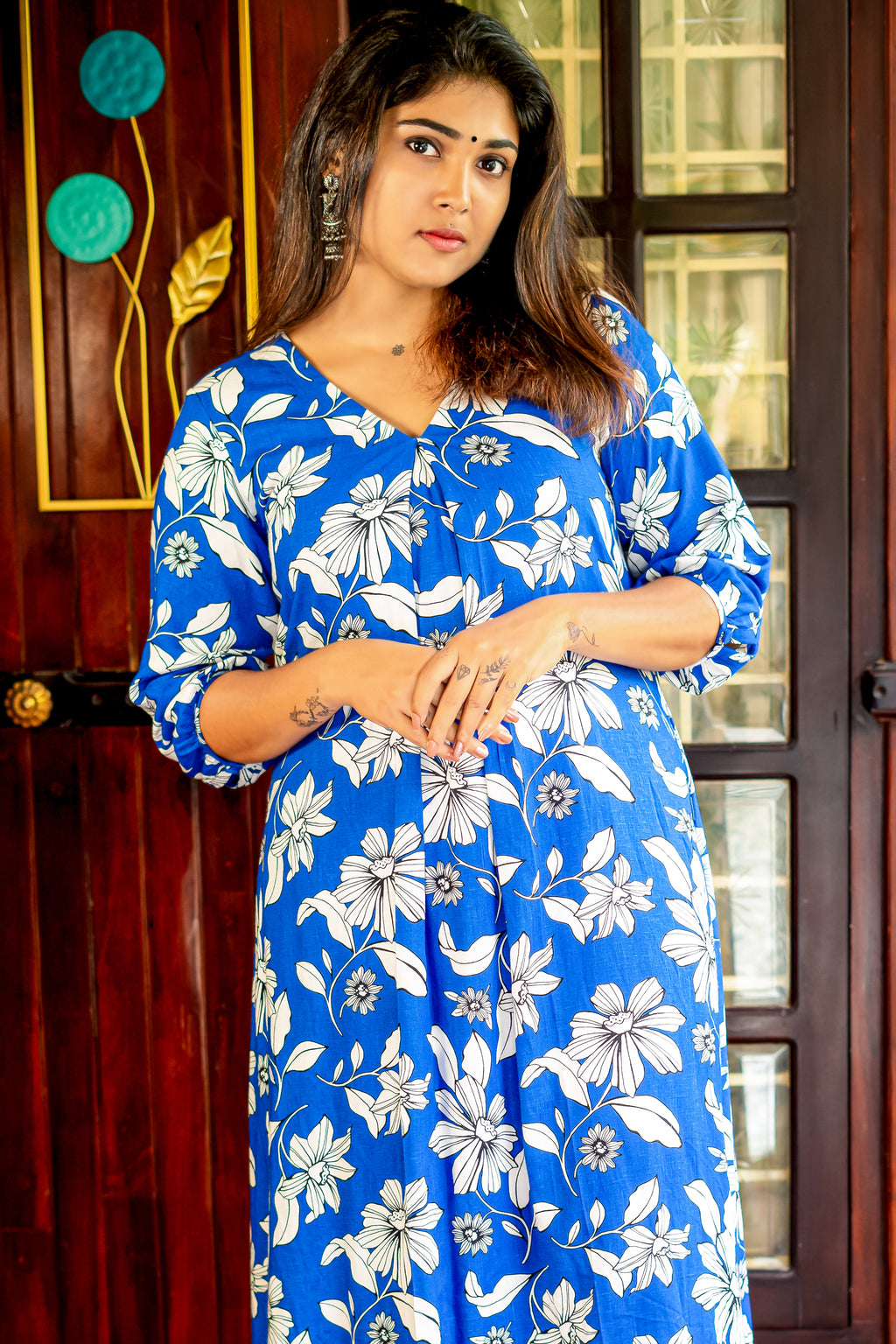 Blue cotton linen coord set for women with floral print and relaxed fit