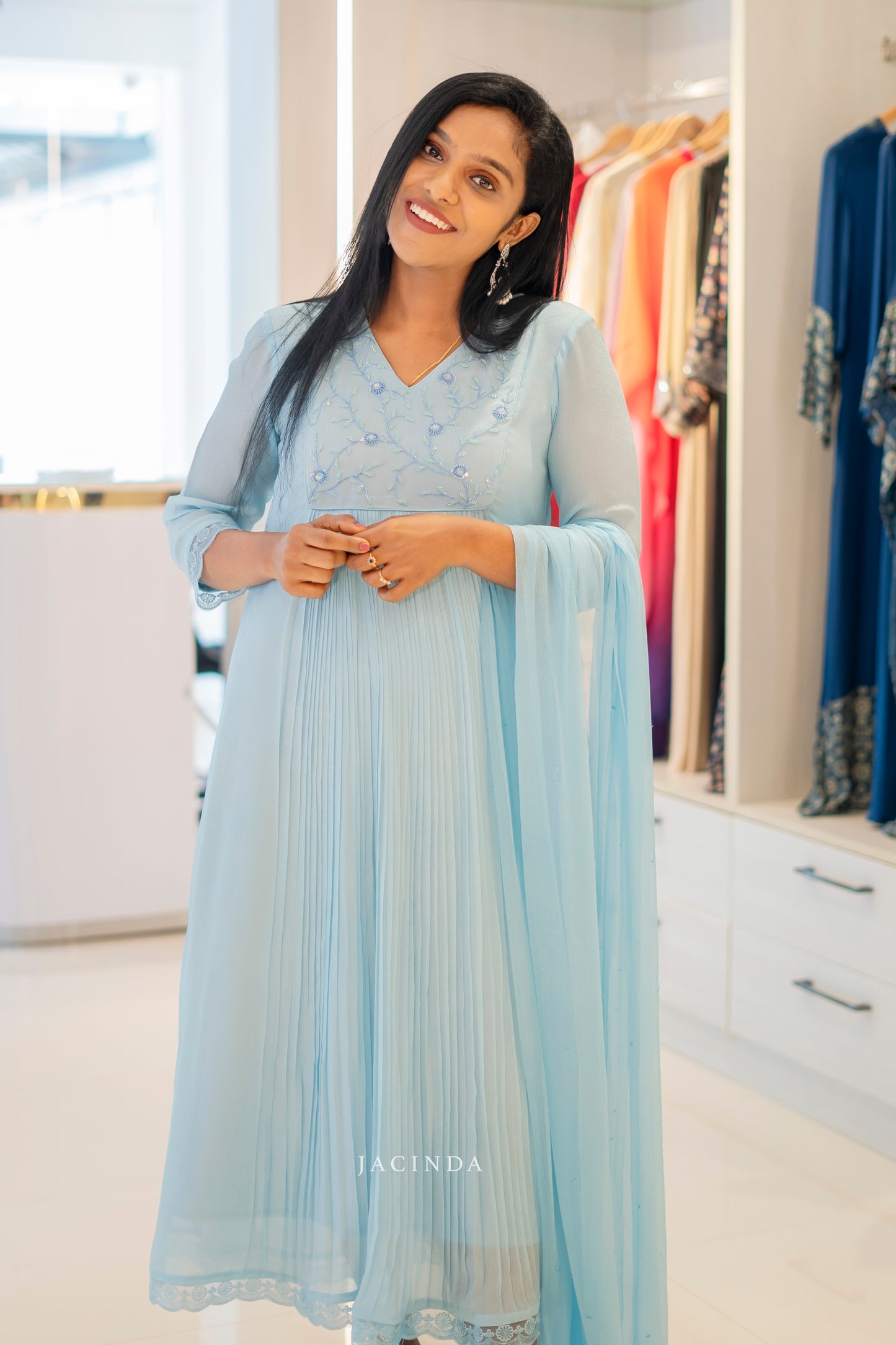 Elegant Blue Indian Party Wear For Women by Jacinda with sheer sleeves and detailed embroidery