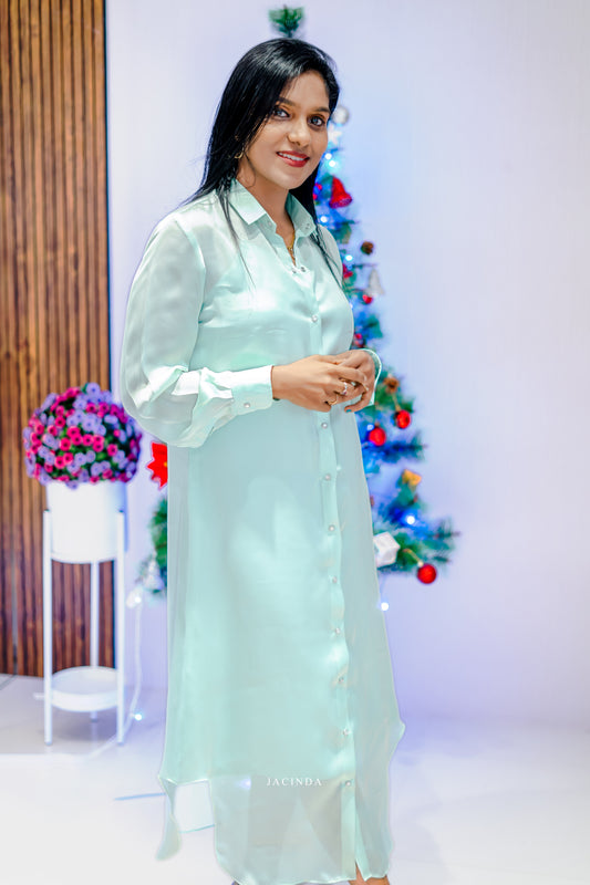 Casual Elegant Shirt For Women Satin Georgette in light mint green worn by woman with long black hair
