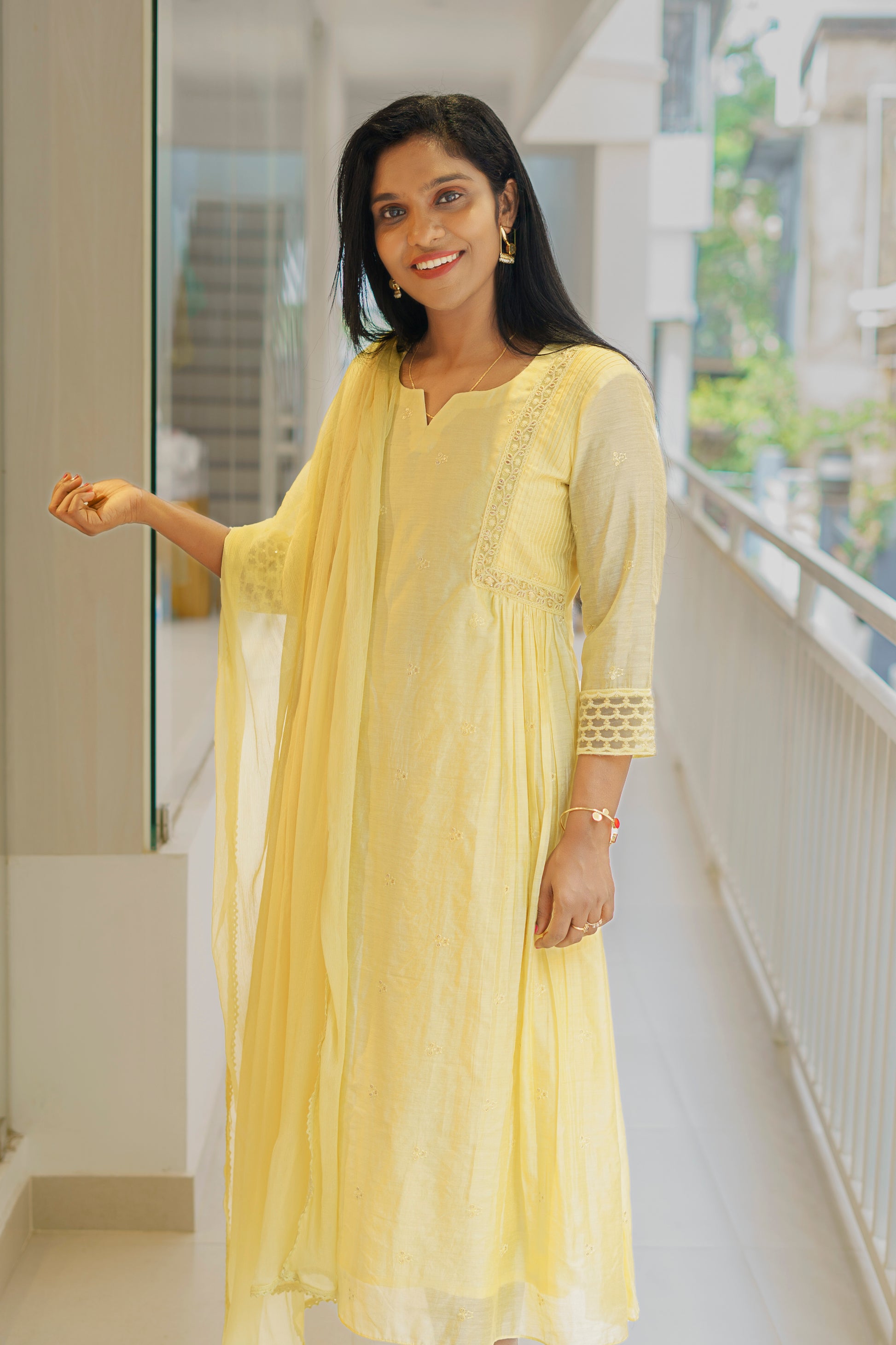 Jacinda A-Line Dress in light yellow Chanderi Kurta Set For Women with three-quarter sleeves and delicate embroidery