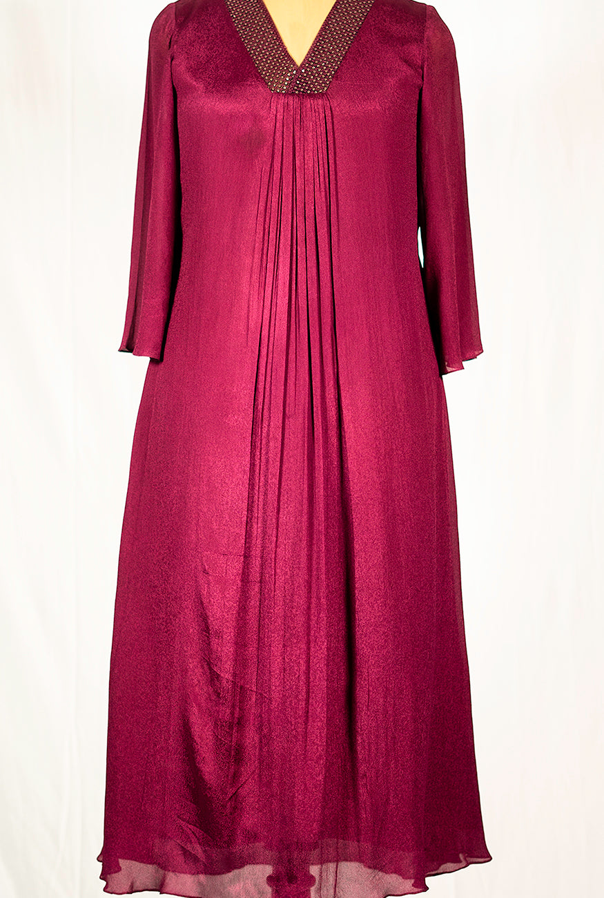 Elegant burgundy georgette A-line dress for women with a V-neck and pleated design