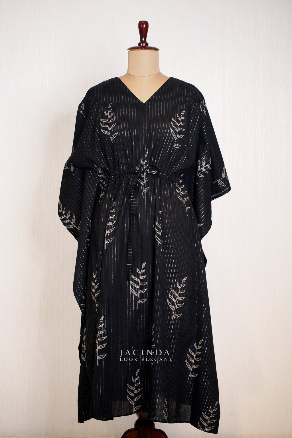 Jacinda Women's V-NECK Kaftan Dress in black with elegant leaf patterns and a relaxed fit