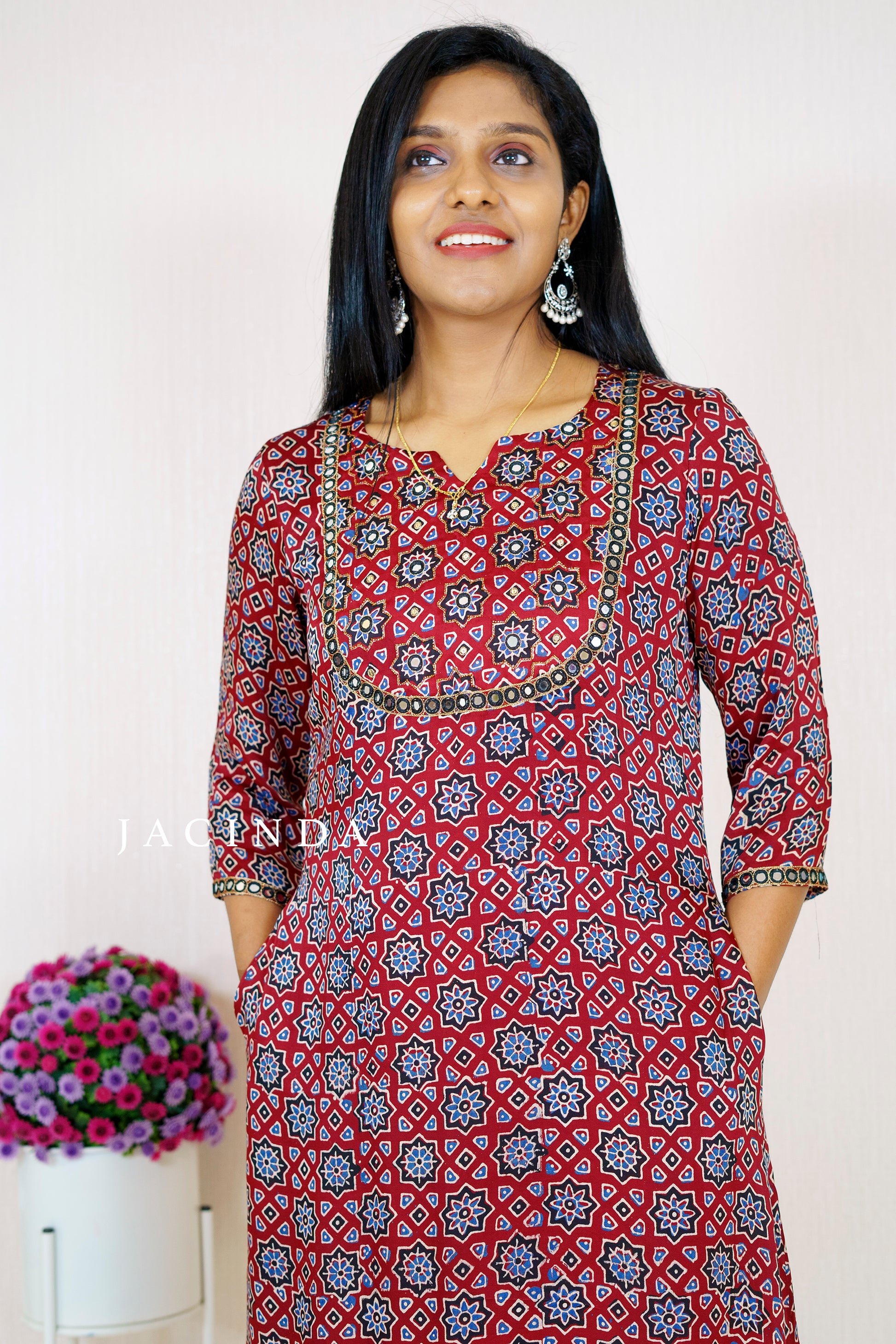 Jacinda Modal Silk A-line kurti for modern women with geometric red and blue print and three-quarter sleeves