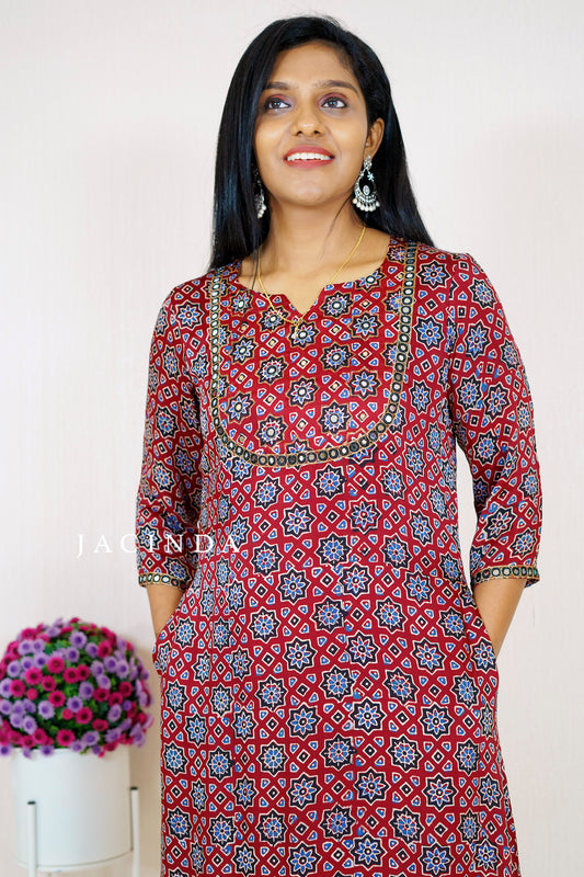 Jacinda Modal Silk A-line kurti for modern women with geometric red and blue print and three-quarter sleeves