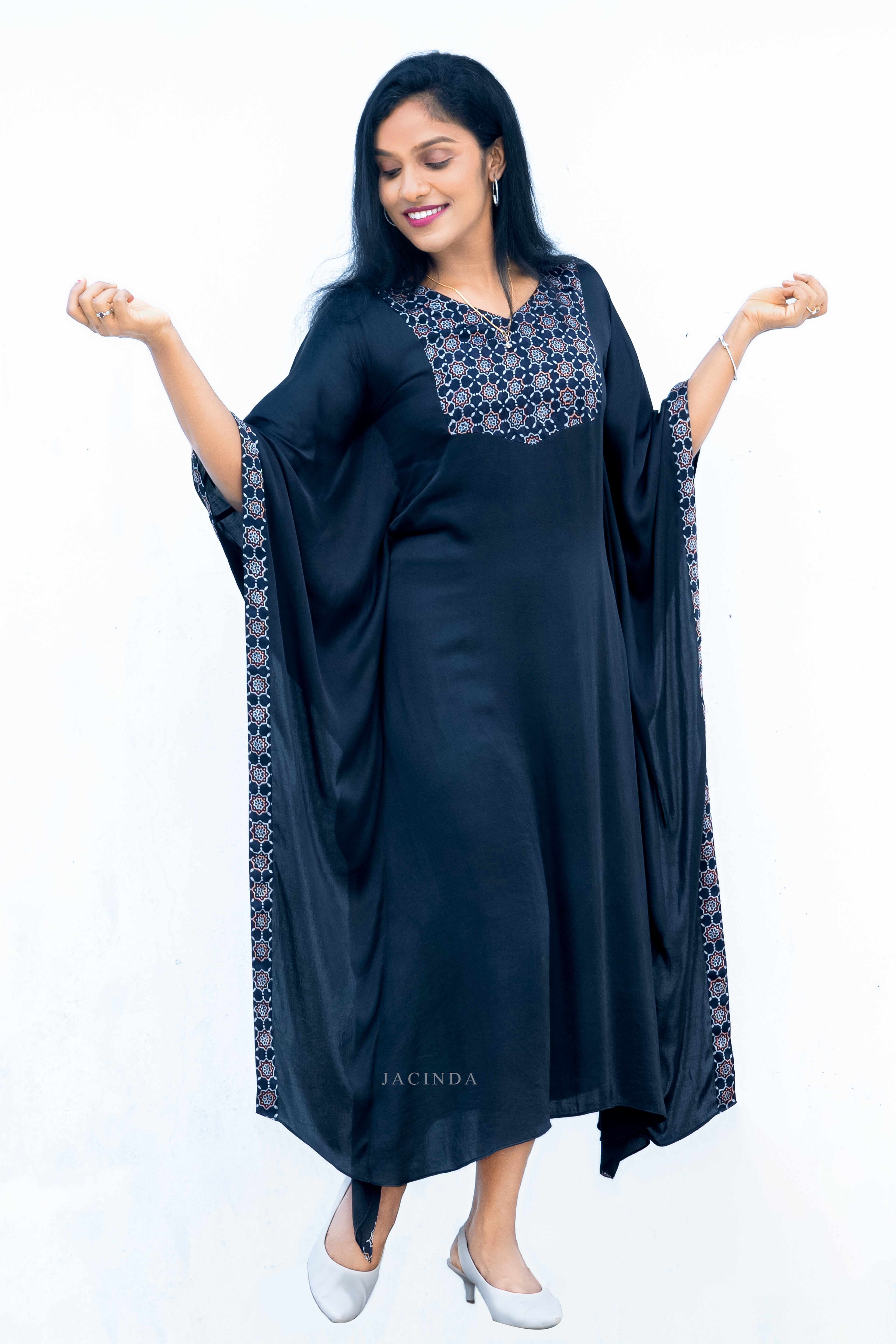 Jacinda black Modal Silk Kaftan For Women with embroidered neckline and sleeve details