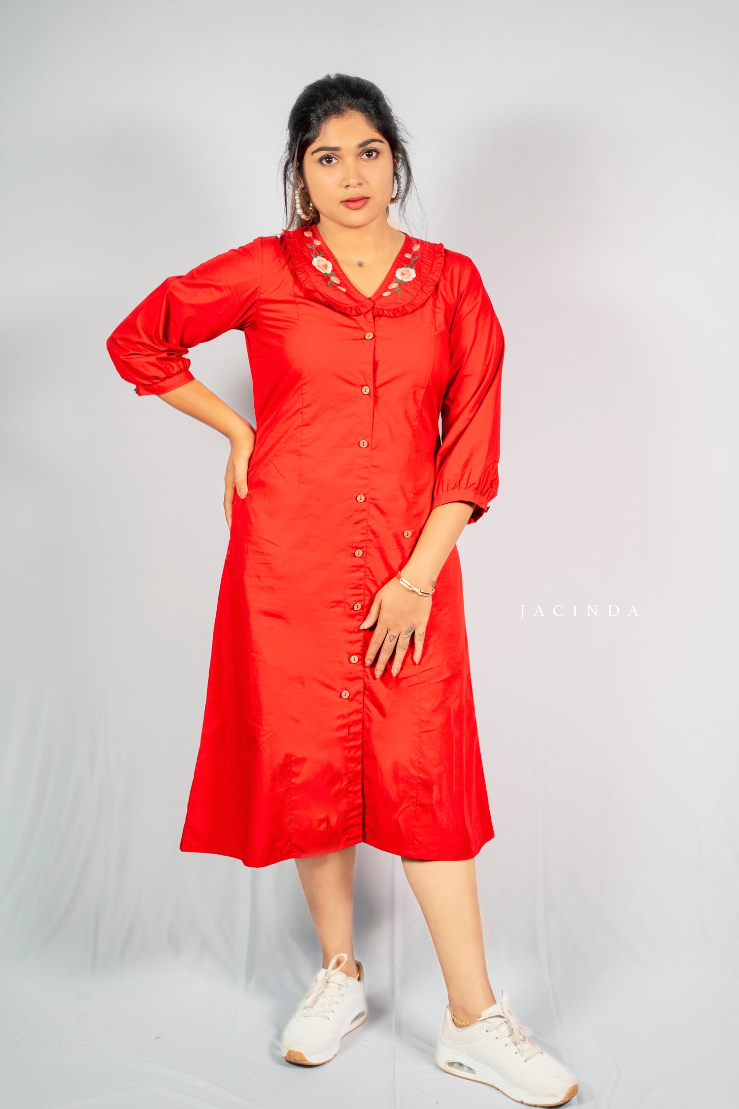 Jacinda red dress with embroidery details worn as Modern Indo Western Casual Wear