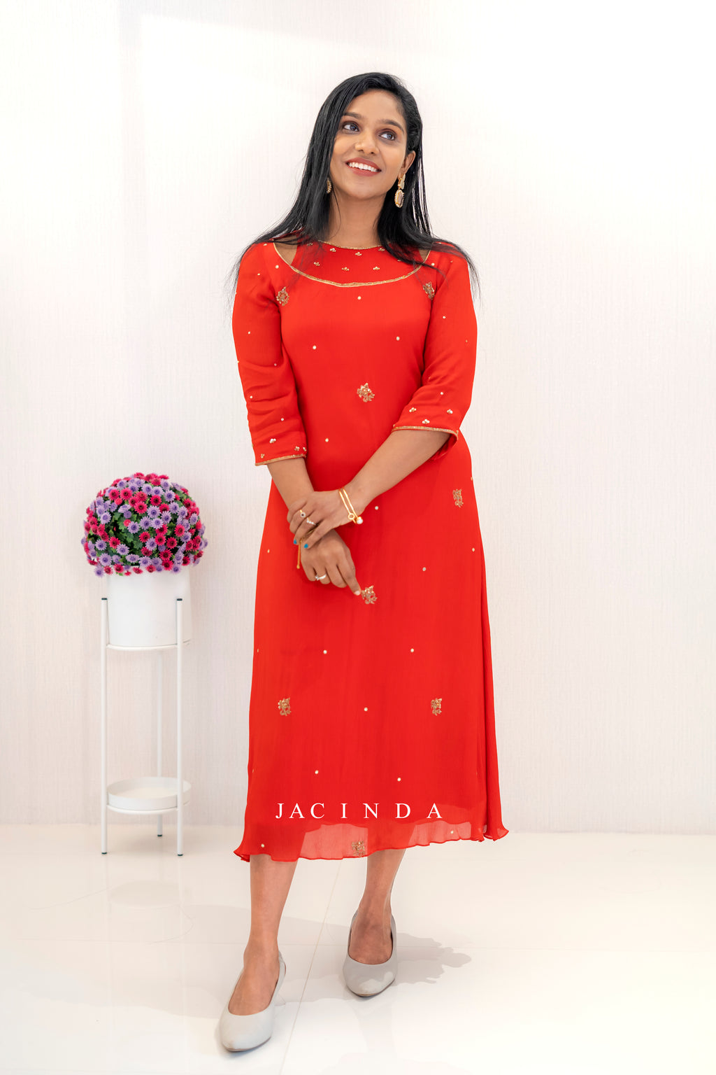 Elegant red chinnon dress for women with delicate gold embellishments from Jacinda's premium collection