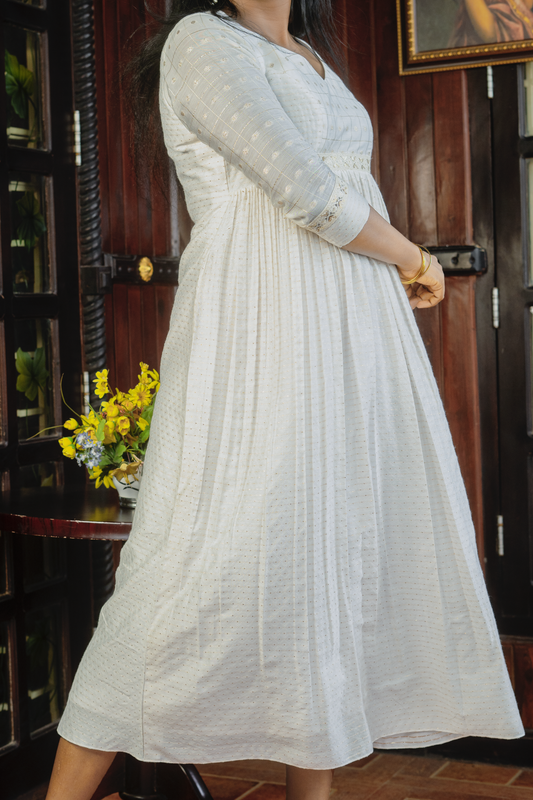 Jacinda Women's Off White Chanderi Dress with long sleeves and textured fabric design