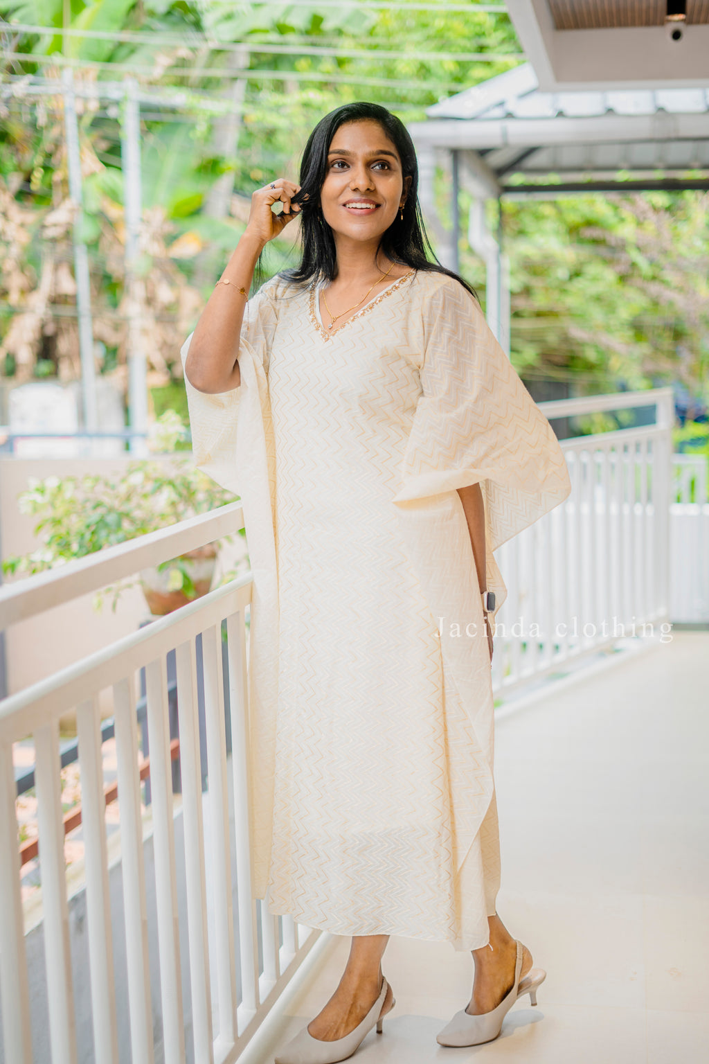 Elegant Jacinda women's party wear kaftan in cream with flattering batwing sleeves