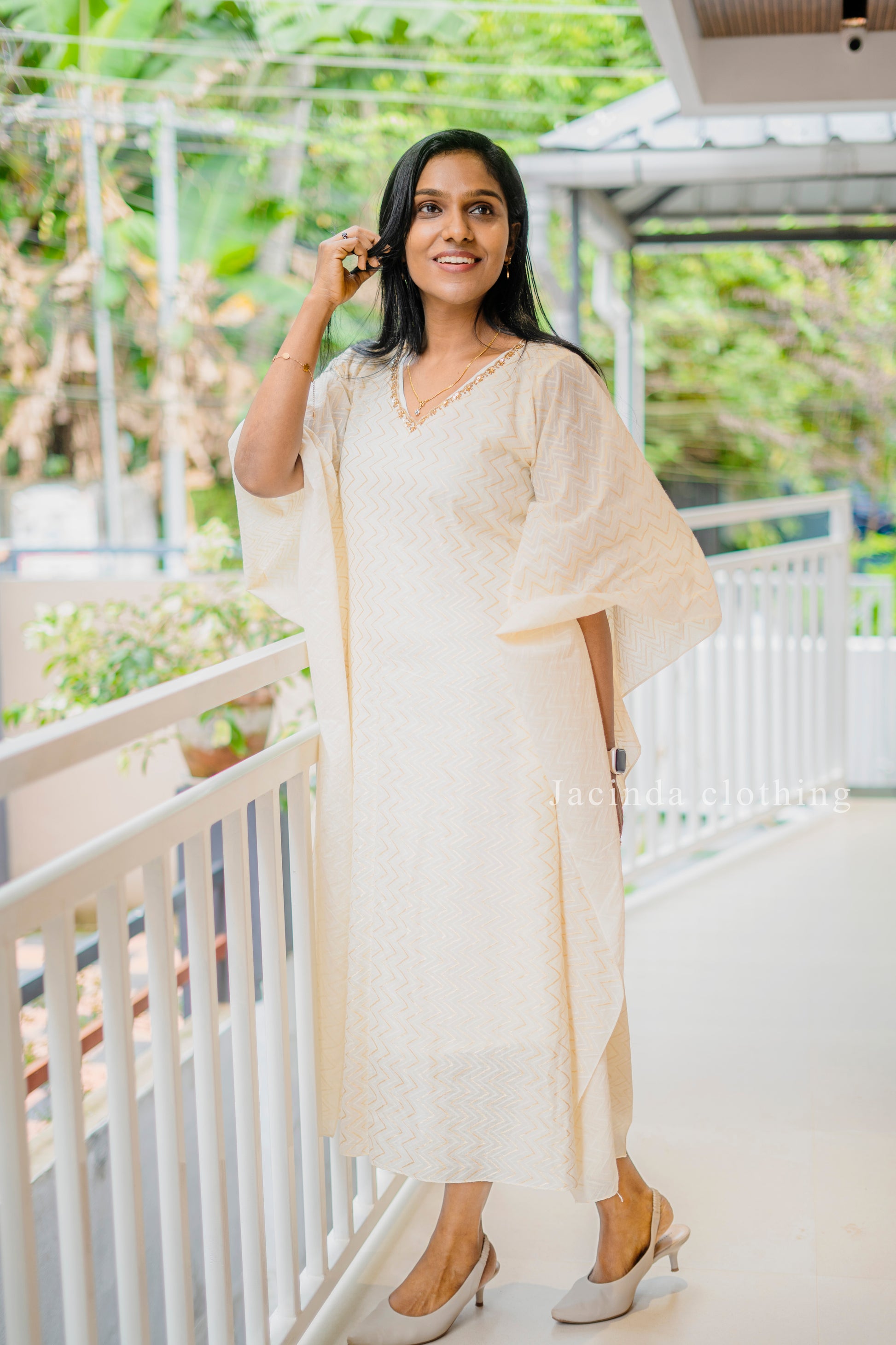 Elegant Jacinda women's party wear kaftan in cream with flattering batwing sleeves