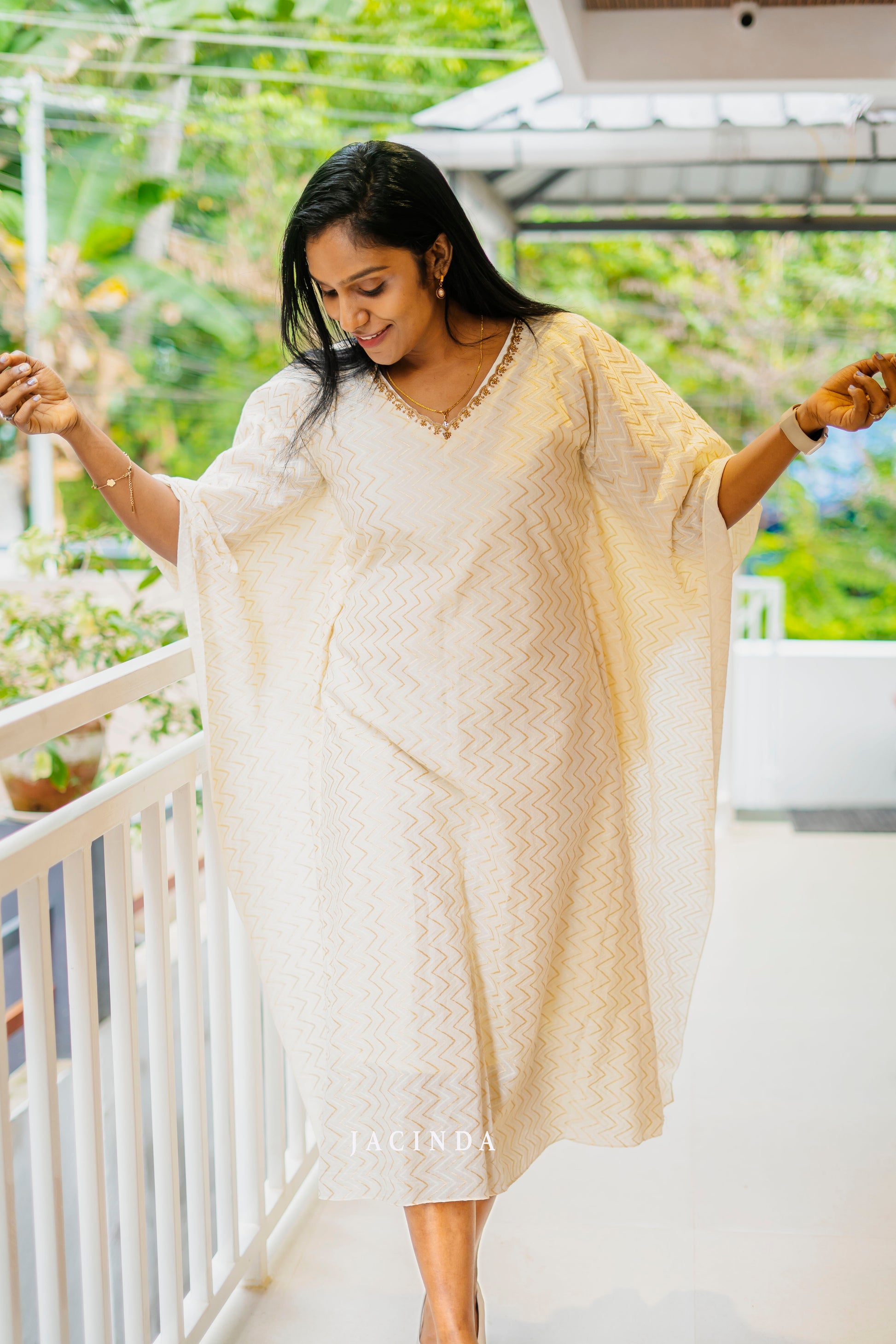 Elegant Jacinda women's party wear kaftan in white with chic zigzag pattern and flowing sleeves