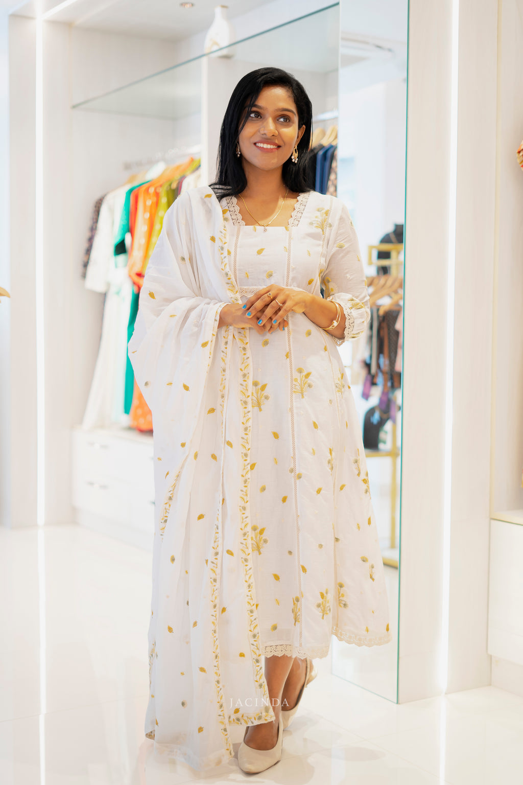 Jacinda A-Line Dress in White Ethnic Wear for Women - Mal Cotton with Floral Embroidery