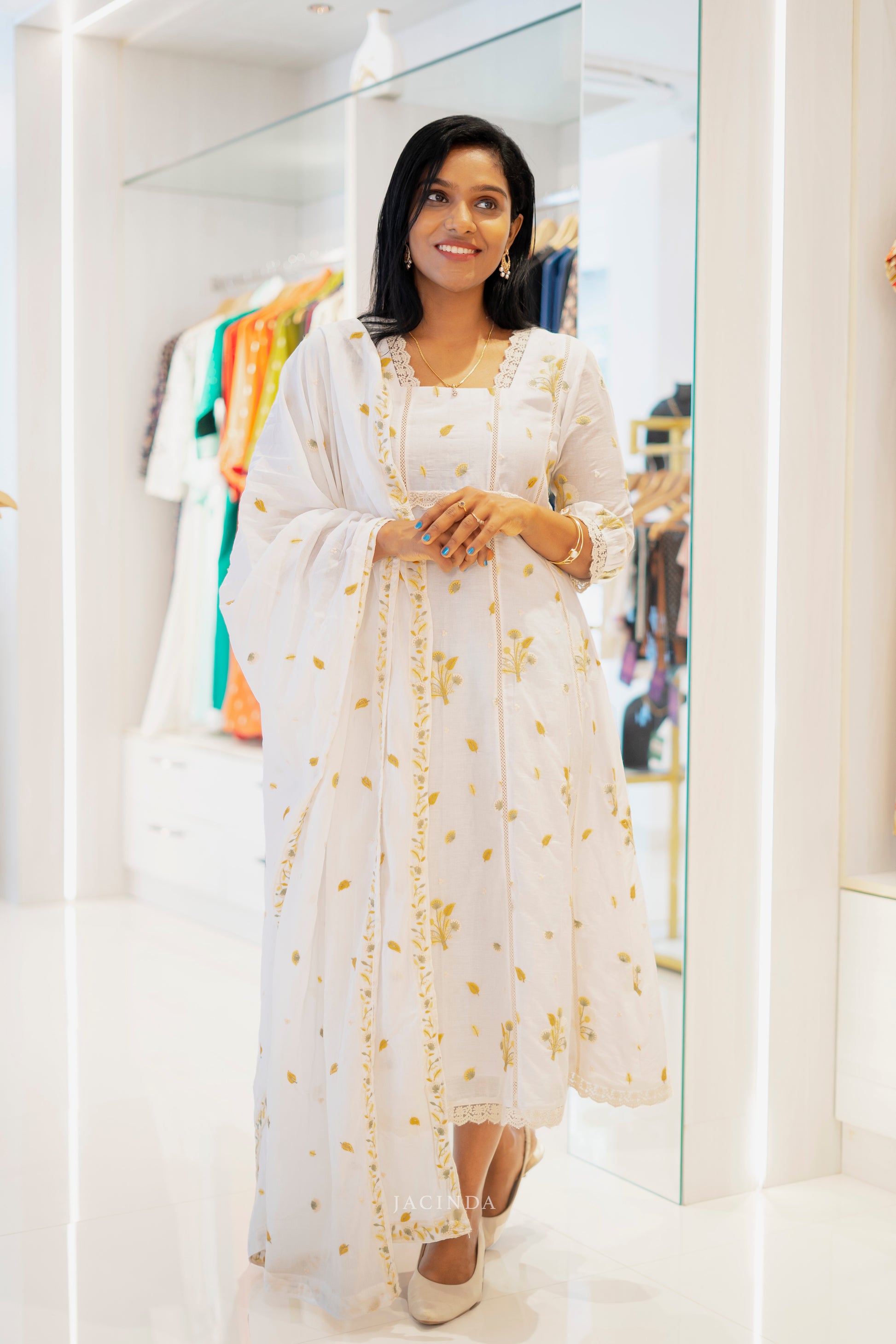 Jacinda A-Line Dress in White Ethnic Wear for Women - Mal Cotton with Floral Embroidery
