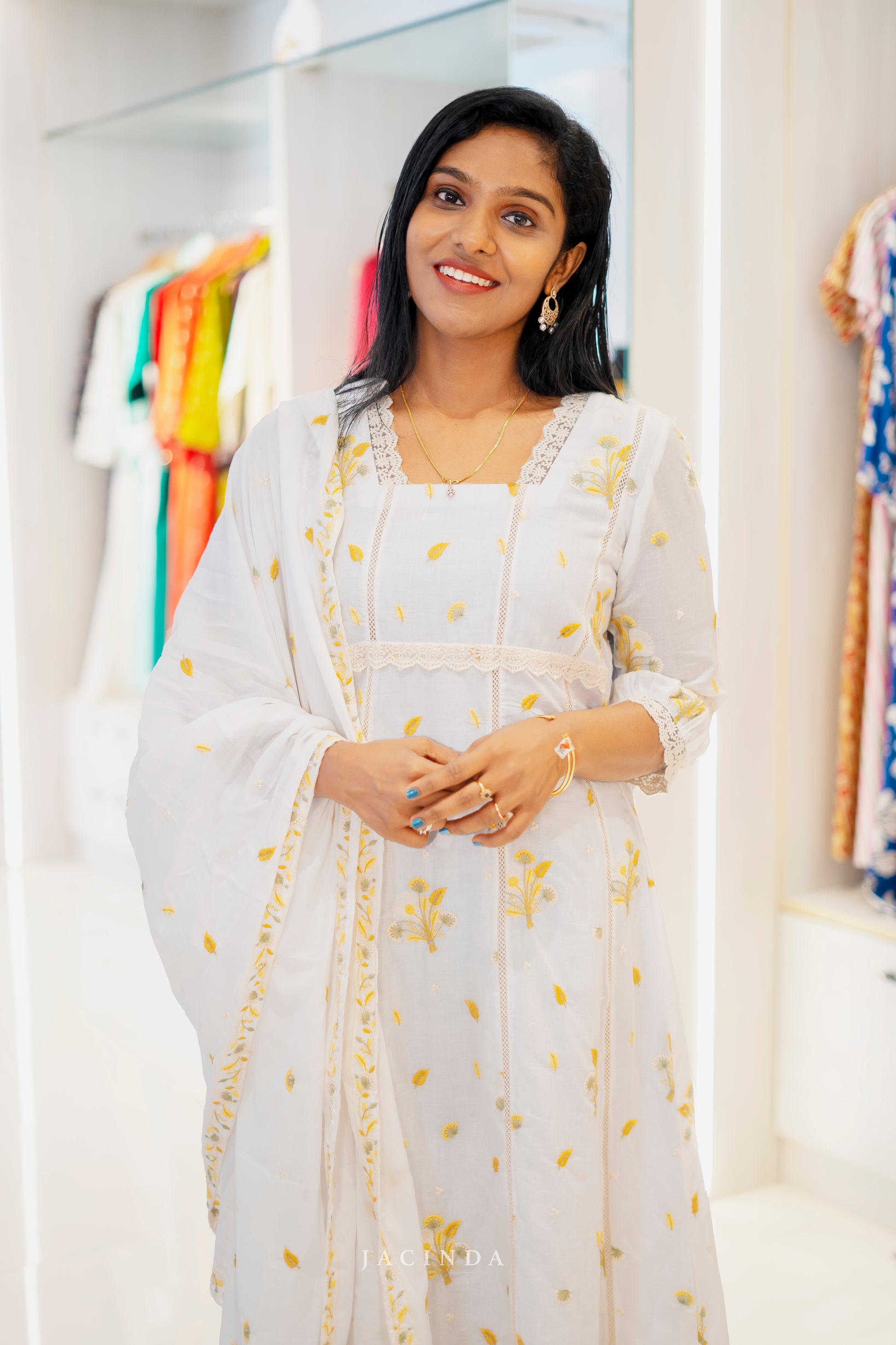 Jacinda A-Line Dress in white with floral details, perfect white ethnic wear for women - Mal Cotton