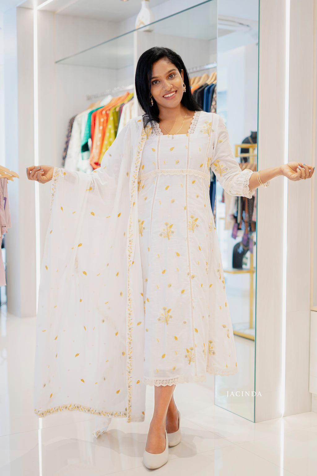 Jacinda A-Line Dress in white with floral embroidery, perfect white ethnic wear for women - Mal Cotton