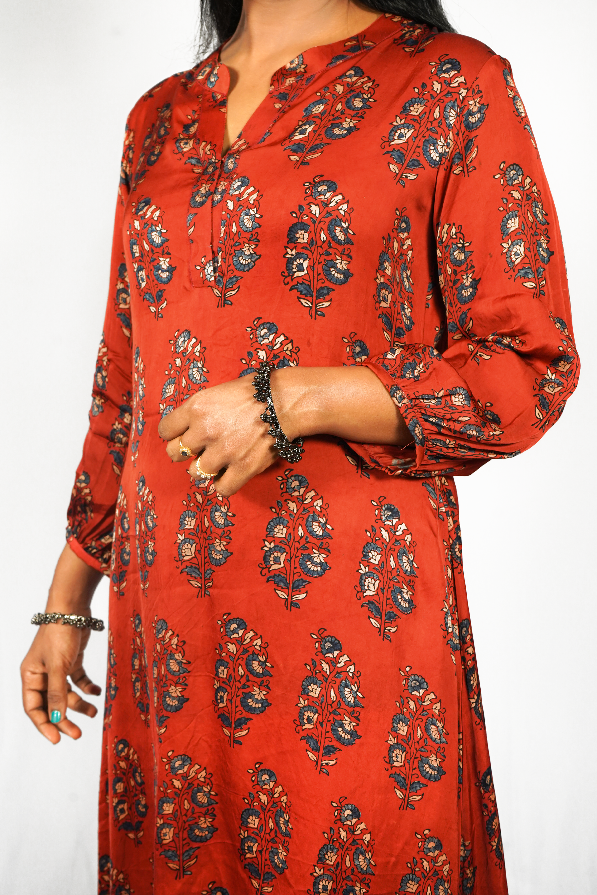 Jacinda modal silk ethnic set for women in rich red with intricate floral patterns and three-quarter sleeves