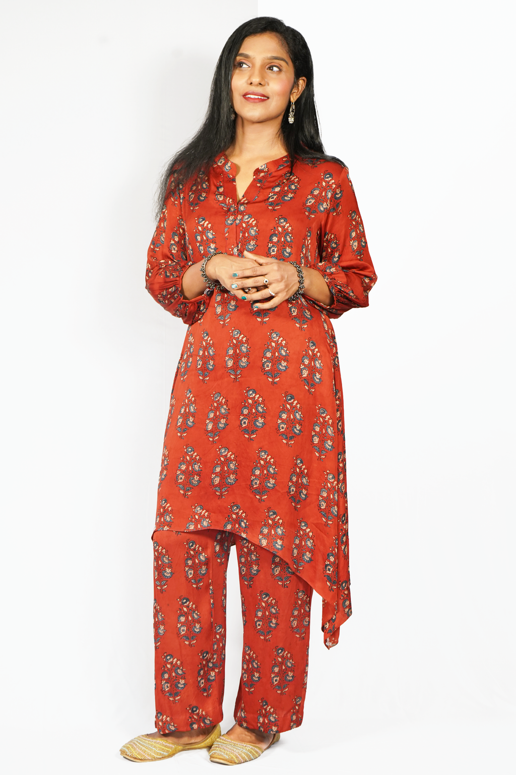 Jacinda Modal Silk Ethnic Set for Women in Orange with Floral Print and Asymmetric Hemline