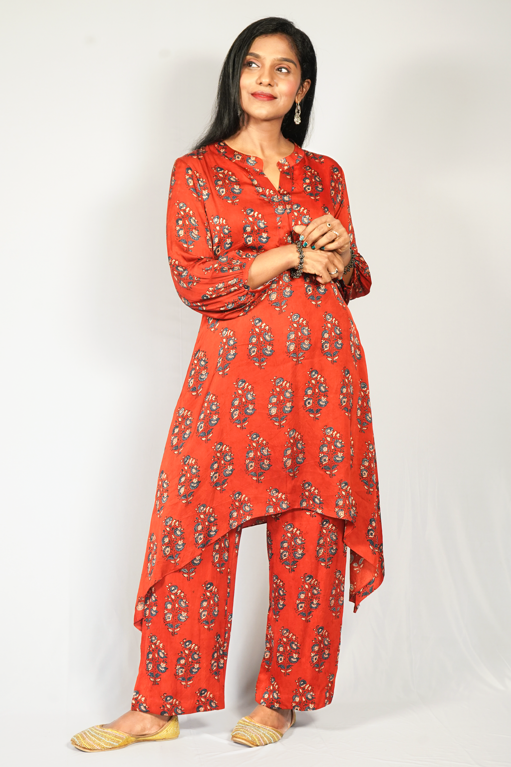 Jacinda modal silk ethnic set for women featuring a stylish printed kurta and comfortable pants