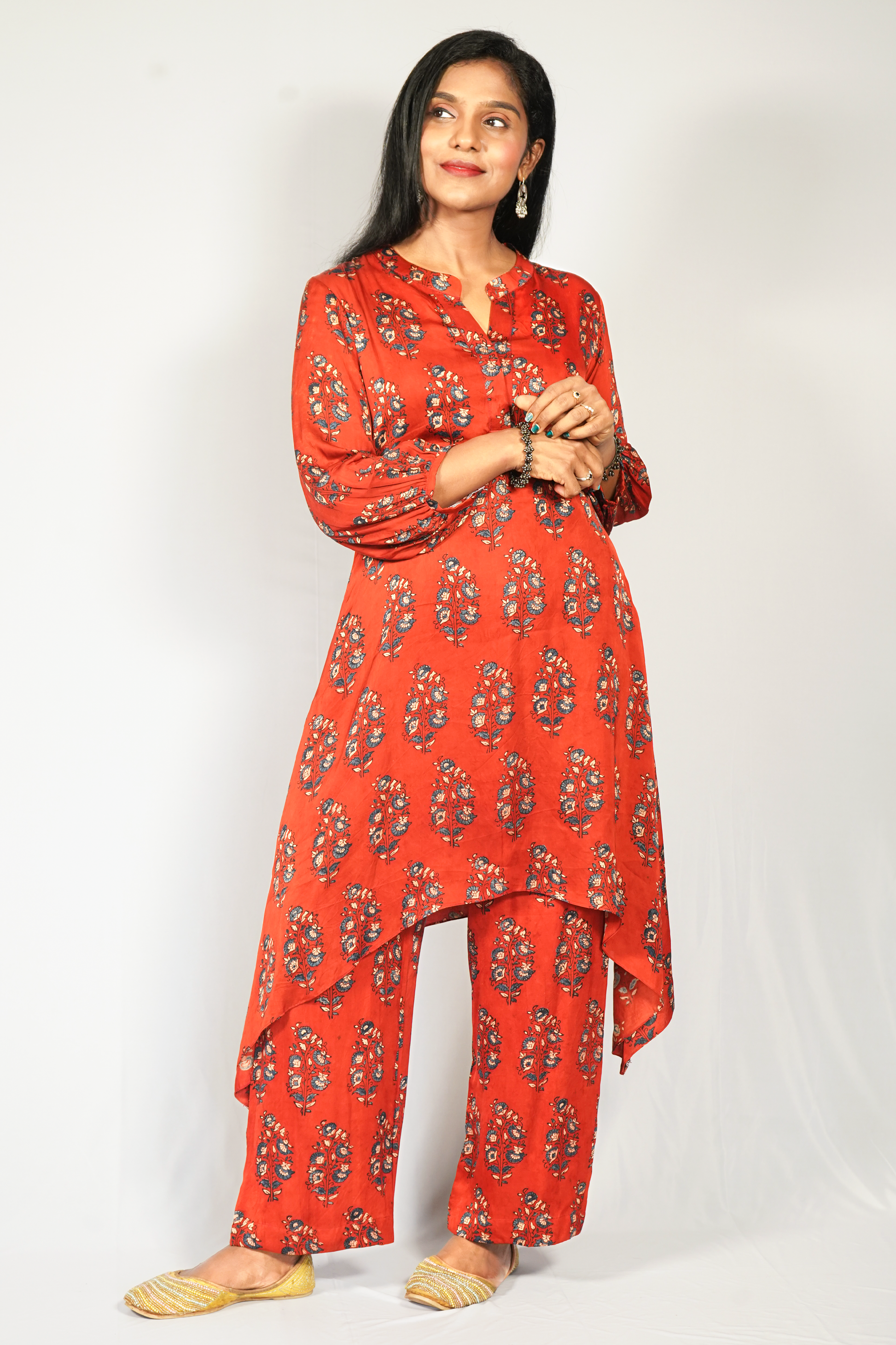 Jacinda modal silk ethnic set for women featuring a stylish printed kurta and comfortable pants