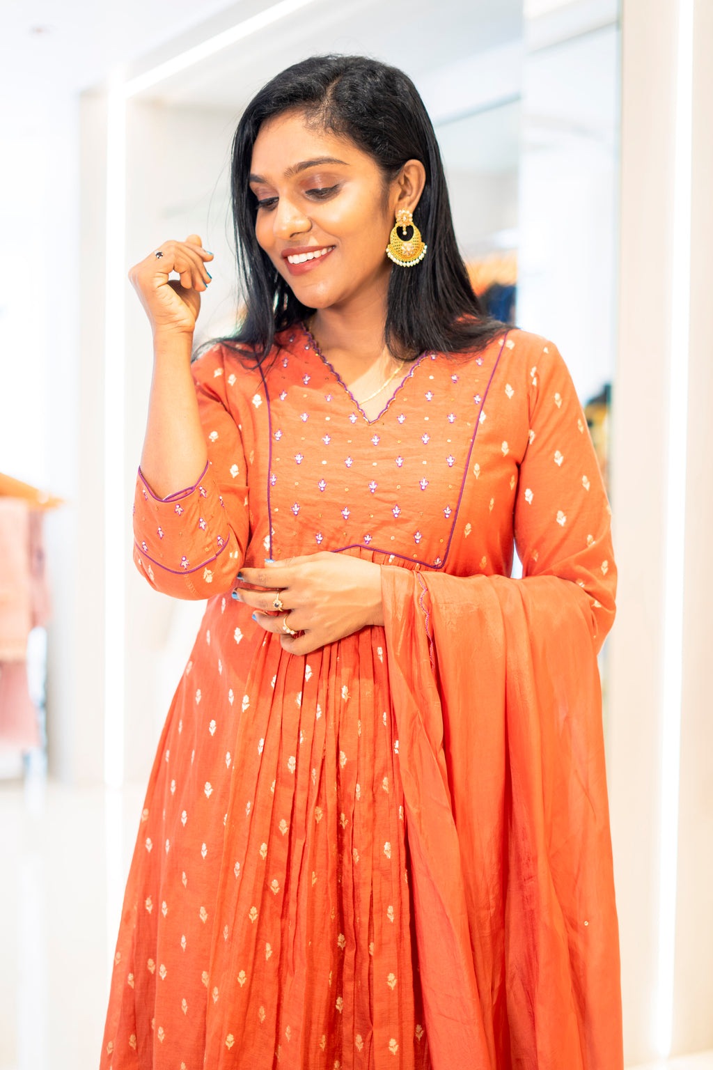 Jacinda premium mul chanderi festive wear set online in vibrant orange with intricate embellishments