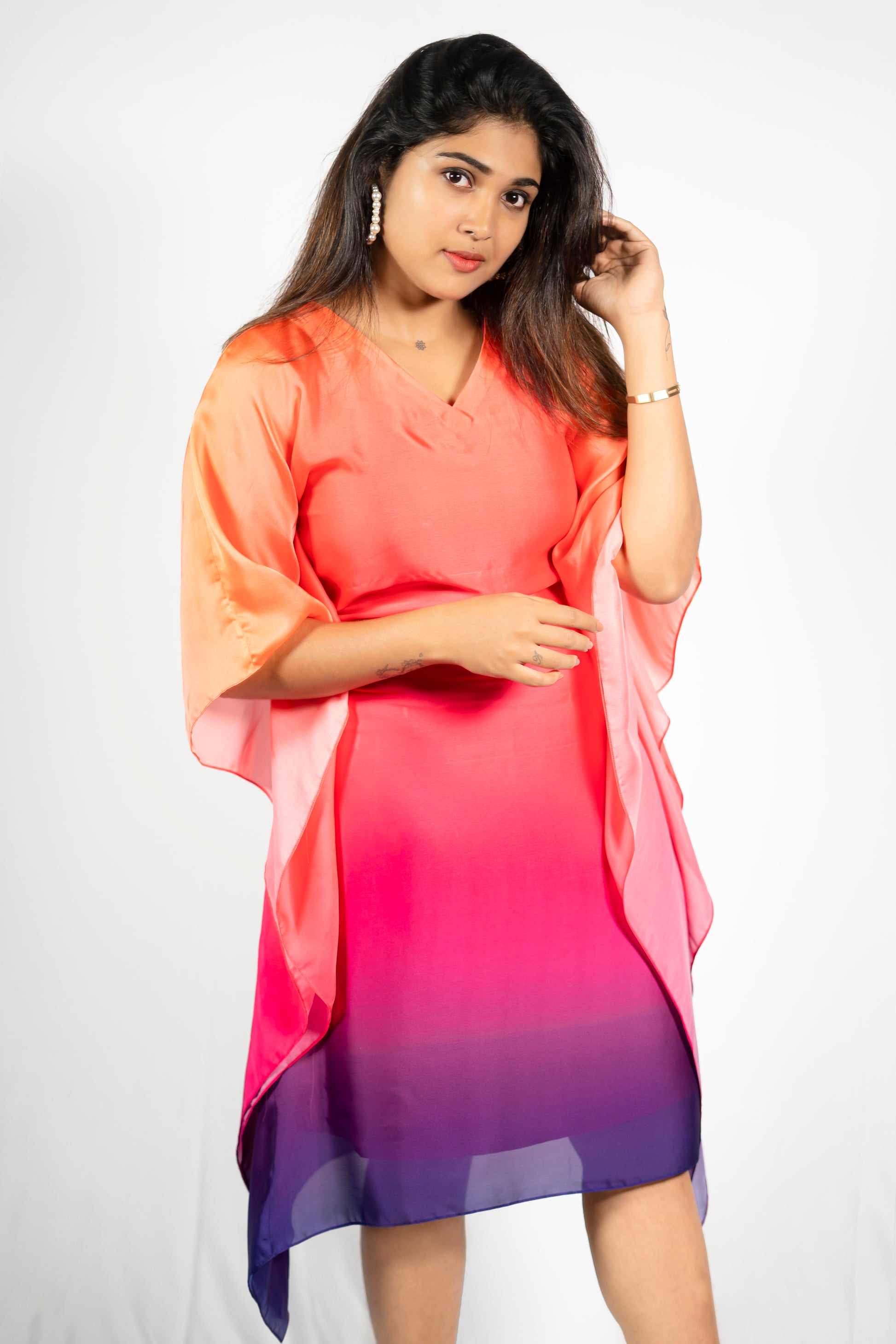 Jacinda short kaftan dress in ombre shade Japan satin with flowing sleeves and vibrant color transition