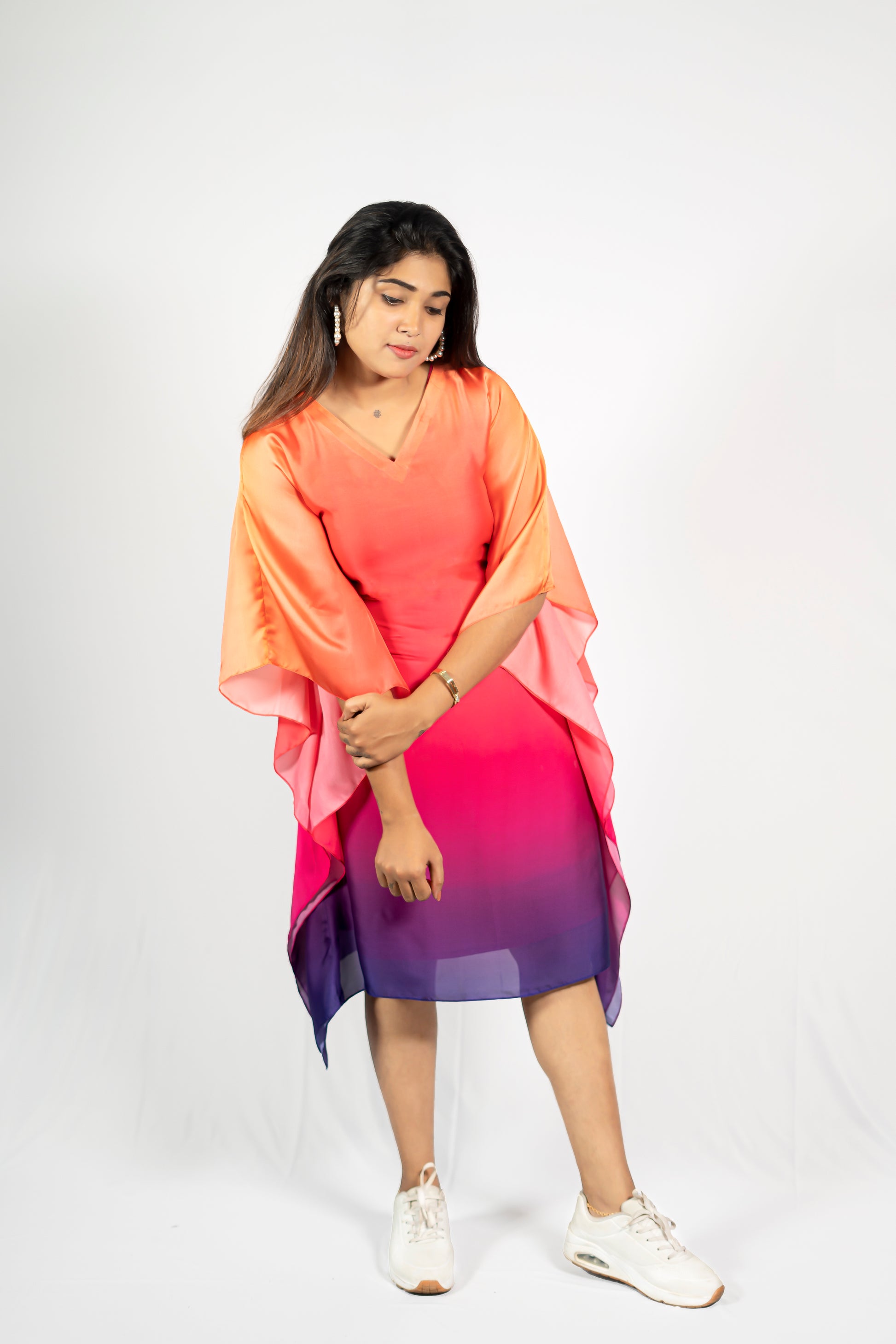 Jacinda short kaftan dress in ombre shade Japan satin featuring flowing sleeves and vibrant colors