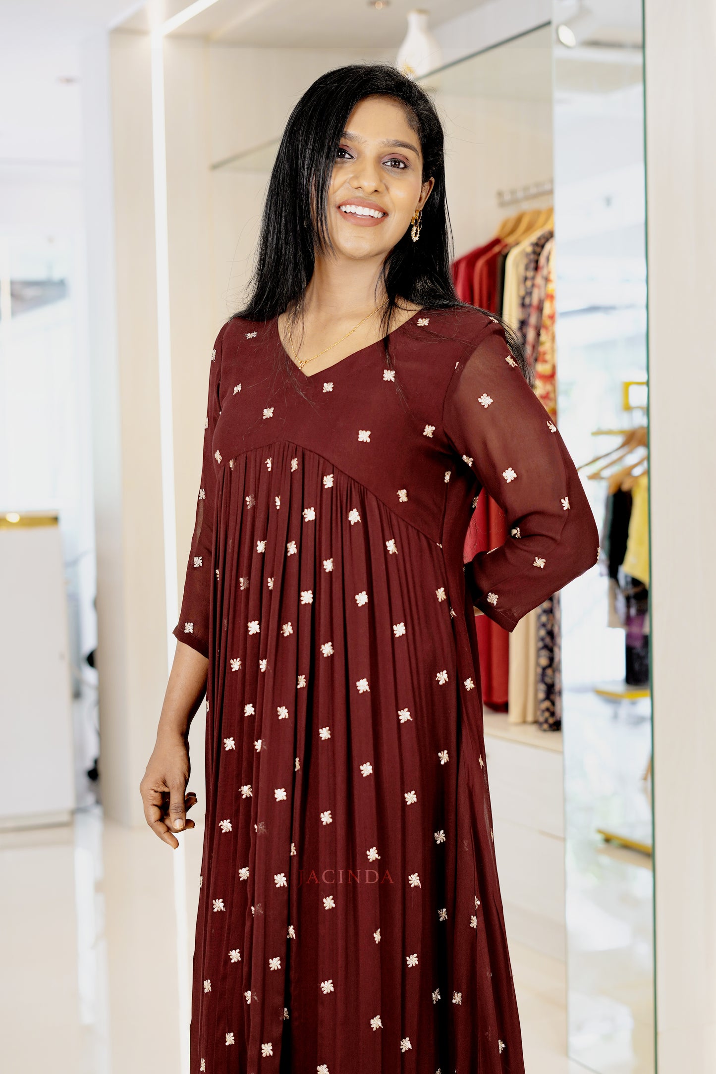 Stylish Maroon Party Dress Online from Jacinda premium collection with sheer sleeves and elegant pattern