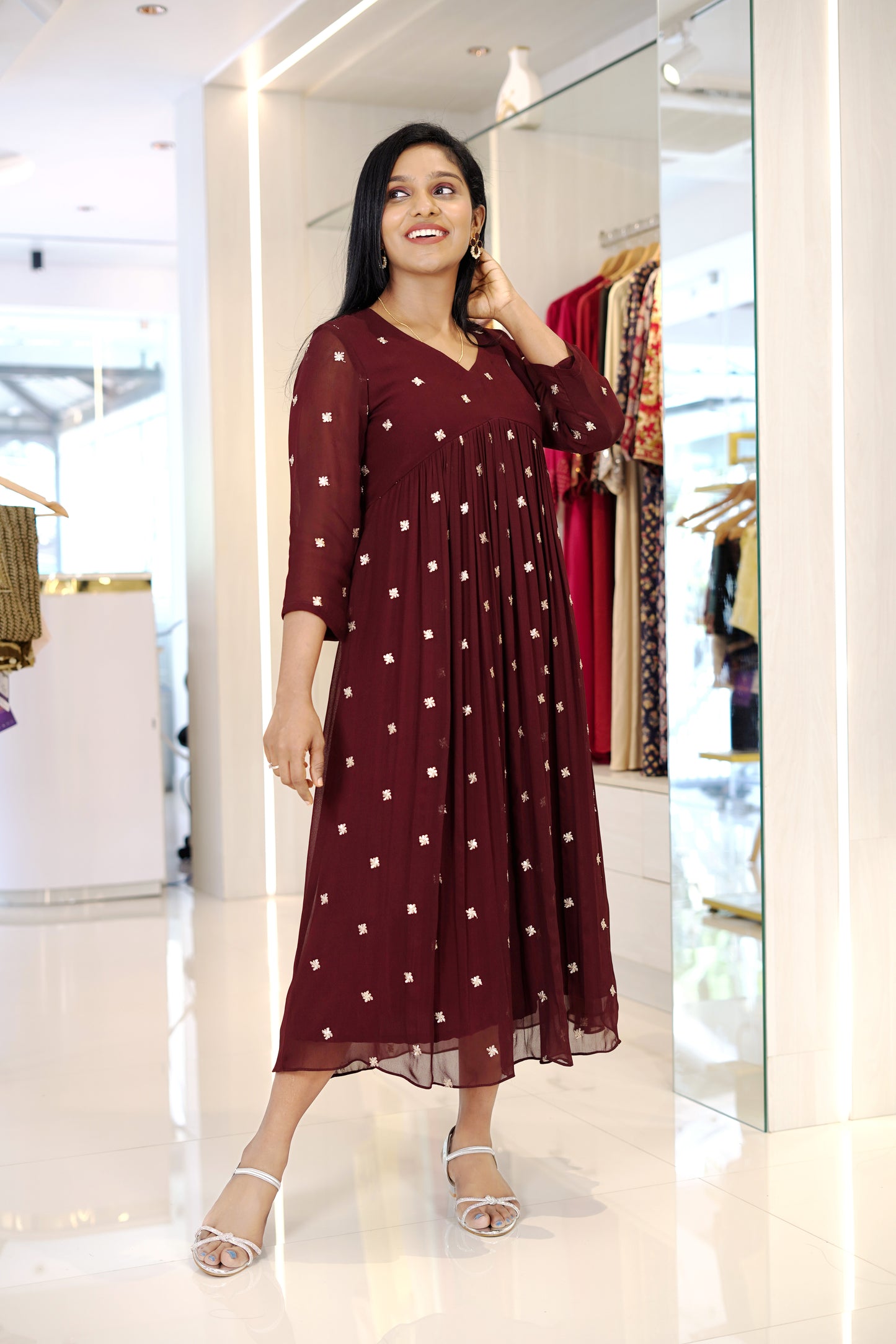 Jacinda stylish maroon party dress online with white print, three-quarter sleeves and flowy design