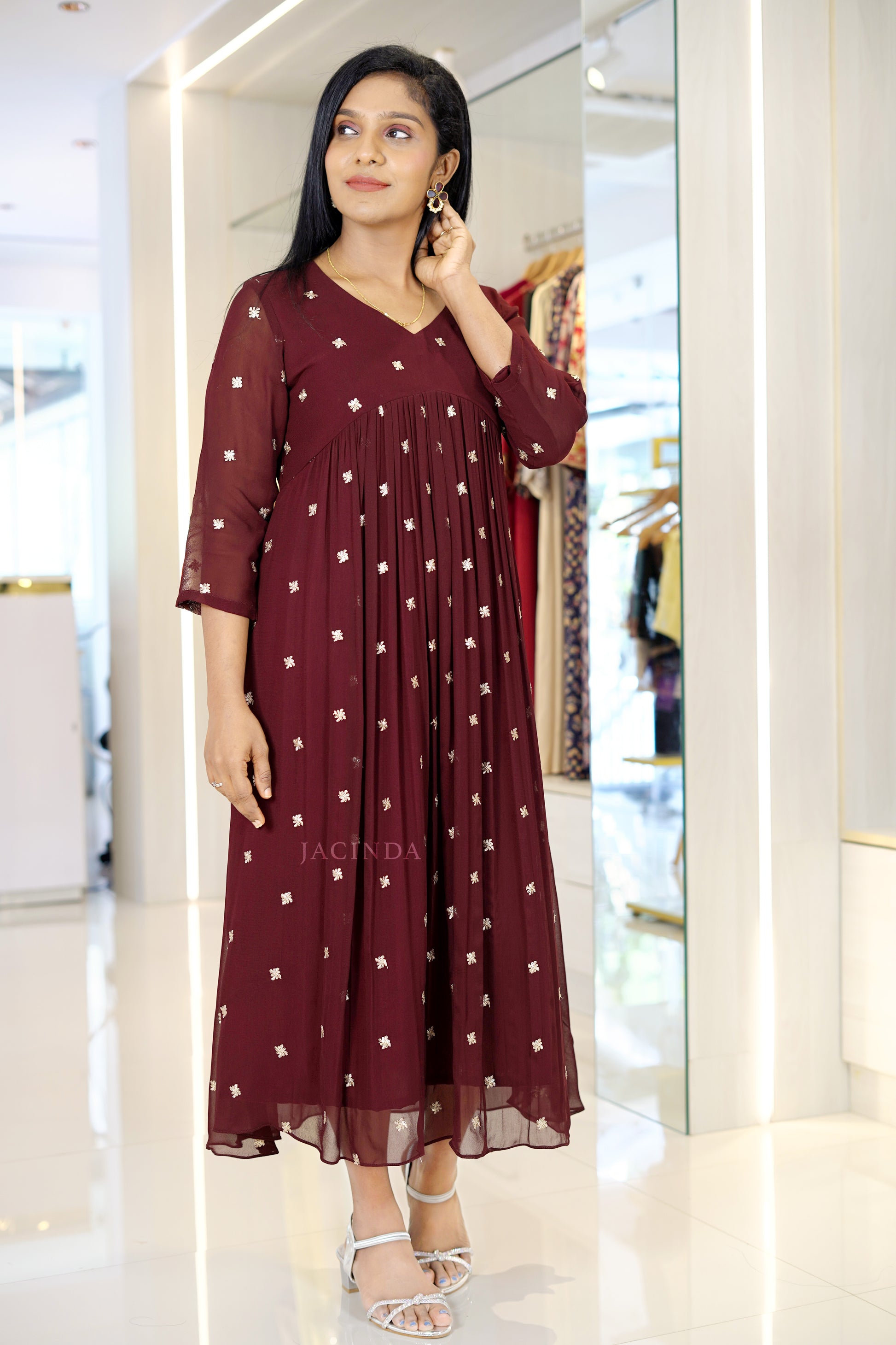 Stylish Maroon Party Dress Online from Jacinda premium collection with three-quarter sleeves and delicate print