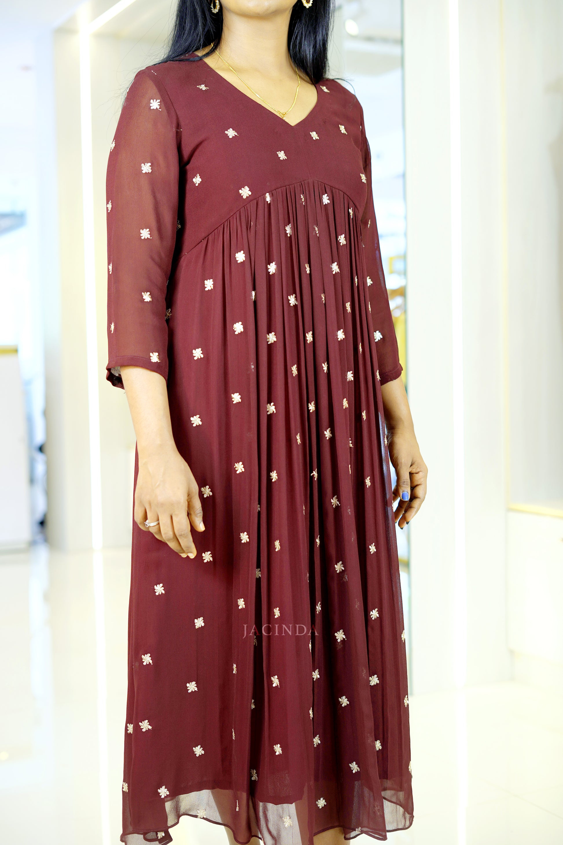 Stylish Maroon Party Dress Online from Jacinda premium collection with delicate gold accents and sheer sleeves