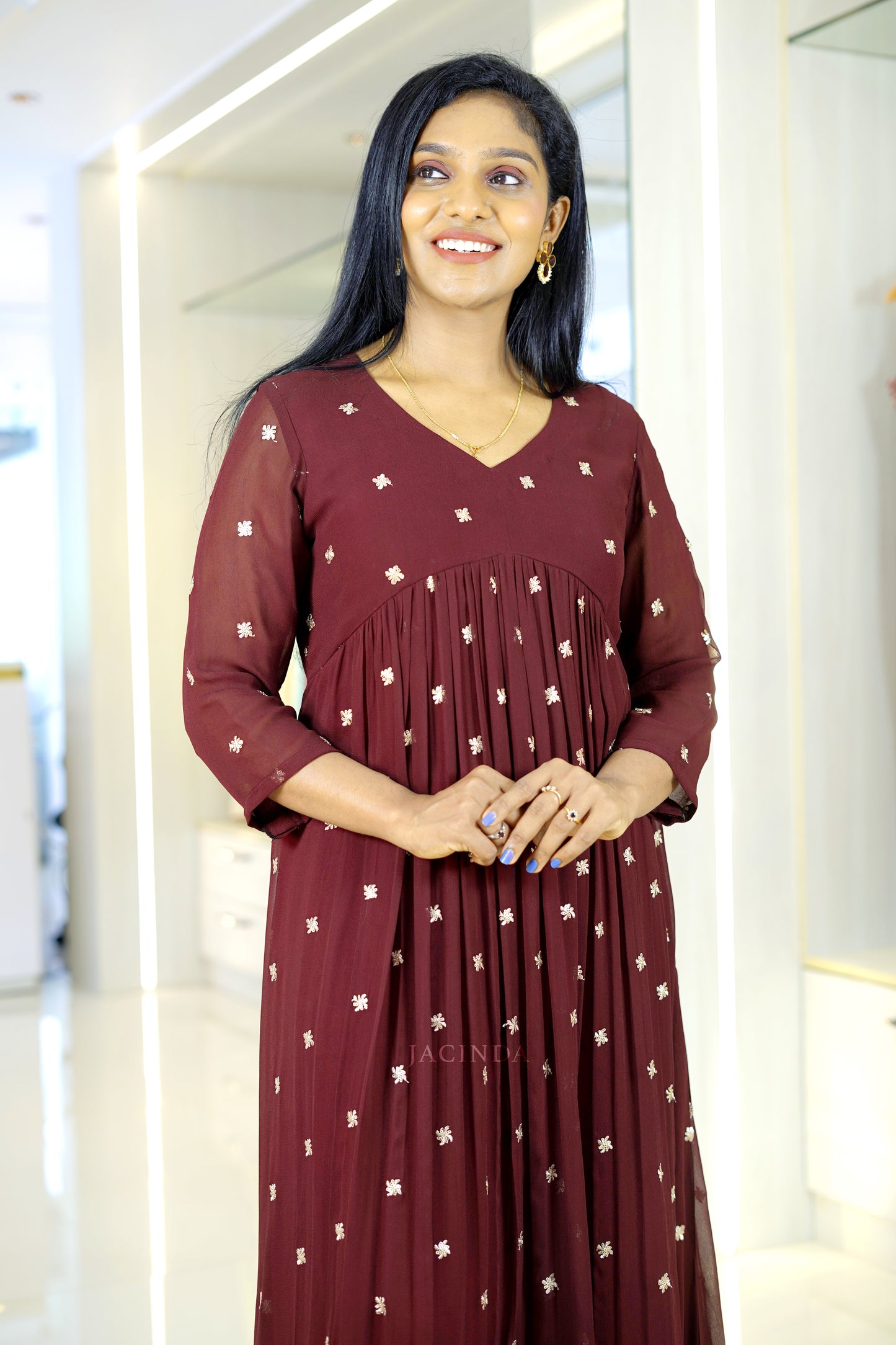 Stylish Maroon Party Dress Online by Jacinda premium collection with subtle pattern and three-quarter sleeves