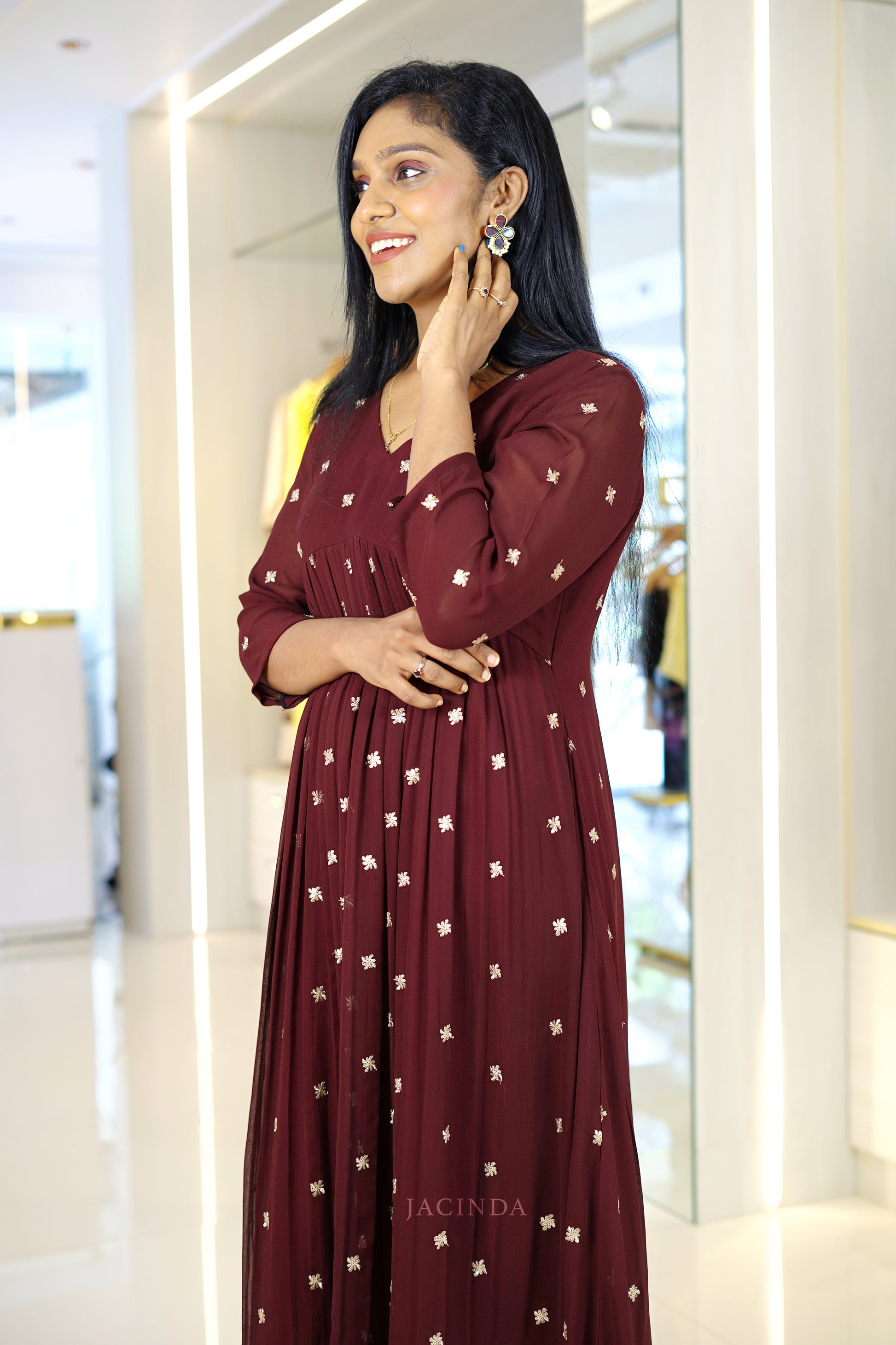 Stylish Maroon Party Dress Online from Jacinda premium collection featuring elegant embroidery and full sleeves